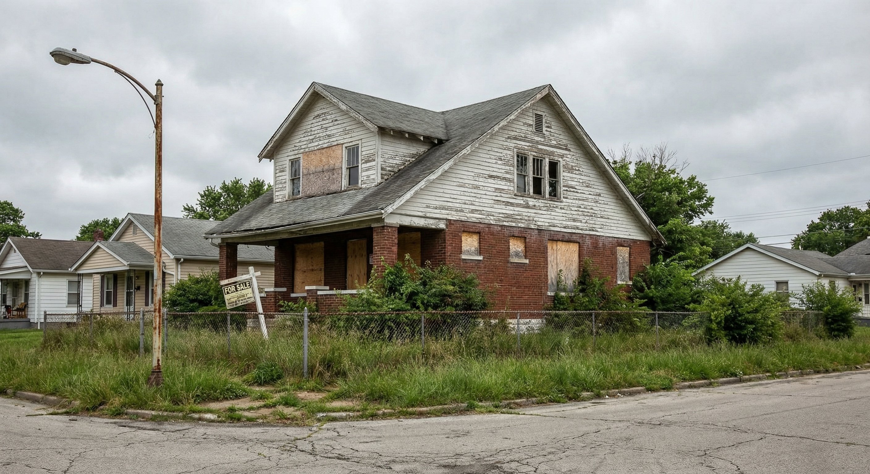 Neglected abandoned house in Missouri suburb with overgrown grass, boarded windows, faded siding. Brick exterior showing weather damage. Summer vegetation, chain-link fence in foreground, post-industrial American residential street scene. Photorealistic style, dramatic sky.