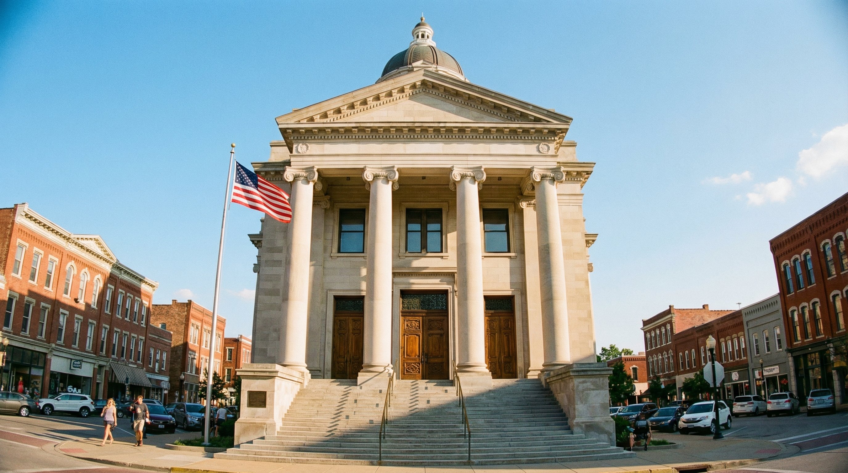 Missouri county courthouse exterior with classical columns and stone facade. Wide stone steps leading to heavy wooden doors. American flag waving. Neoclassical architecture, summer afternoon light, wide-angle shot showing surrounding downtown buildings. Professional architectural photography.