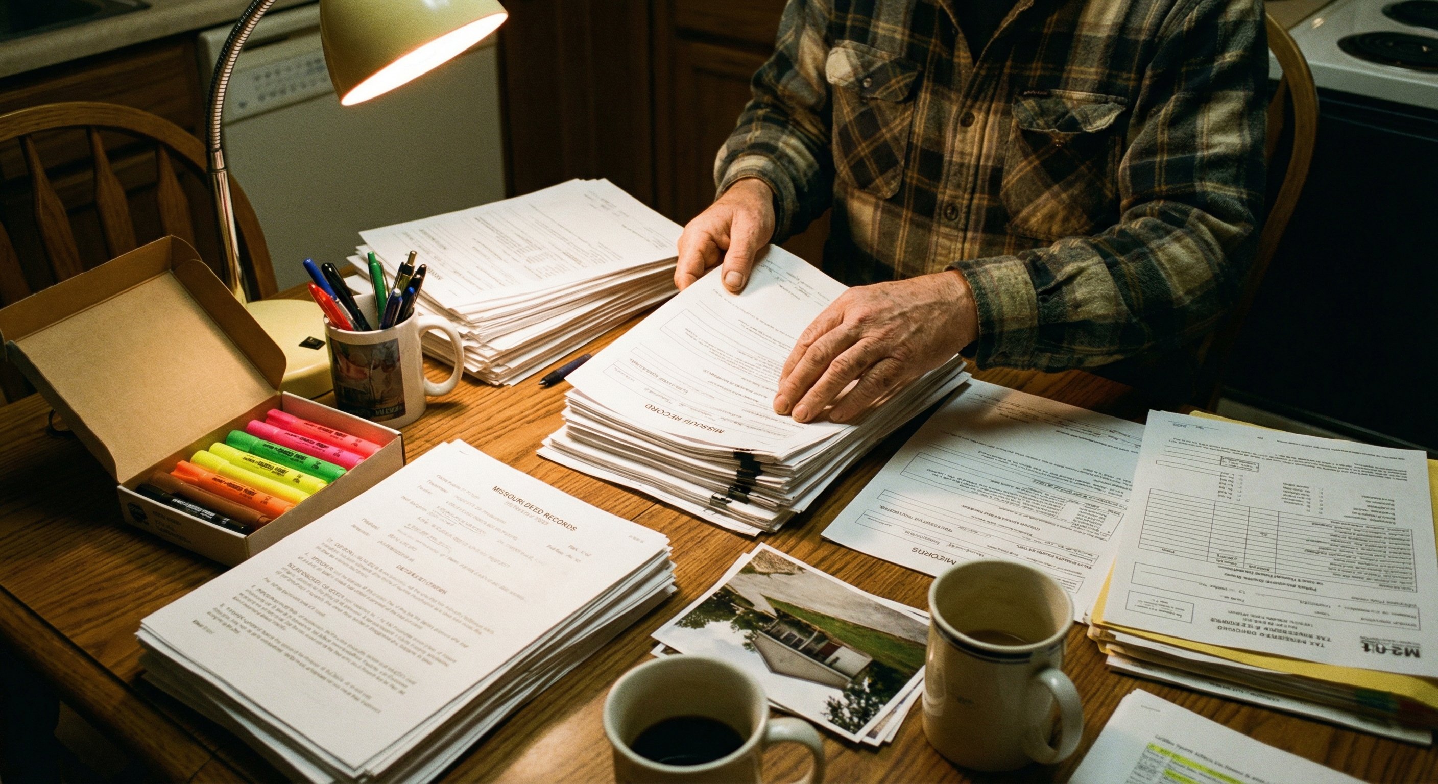 Real estate investor reviewing printed property records at a kitchen table. Missouri deed records, tax assessment printouts, color-coded highlighters. Evening home office lighting with lamp. Close-up of hands organizing documents, property photos scattered. Documentary photography style.