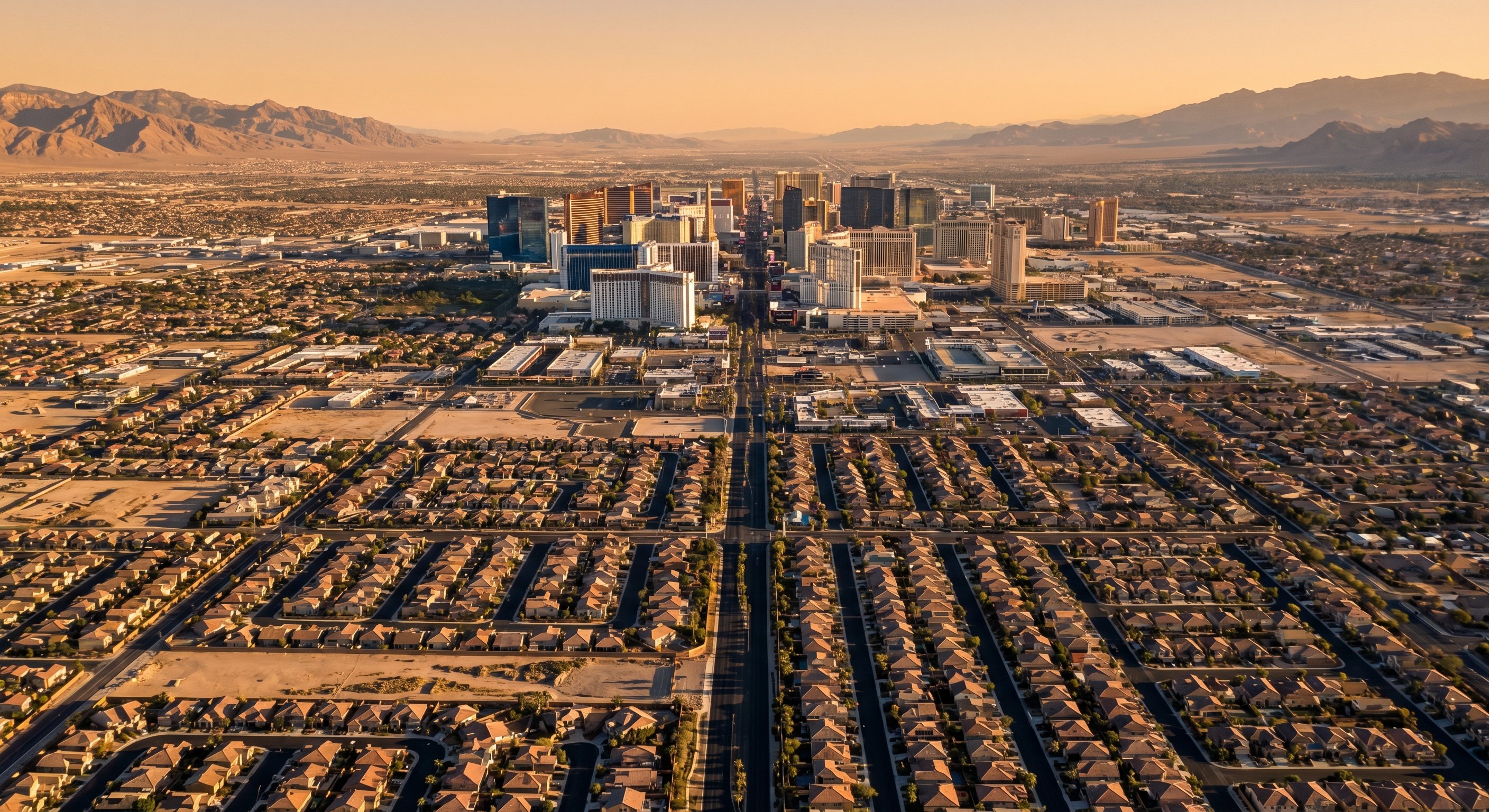 Aerial view of Las Vegas Strip with residential neighborhoods extending into the surrounding desert, showing the concentration of housing in Clark County Nevada