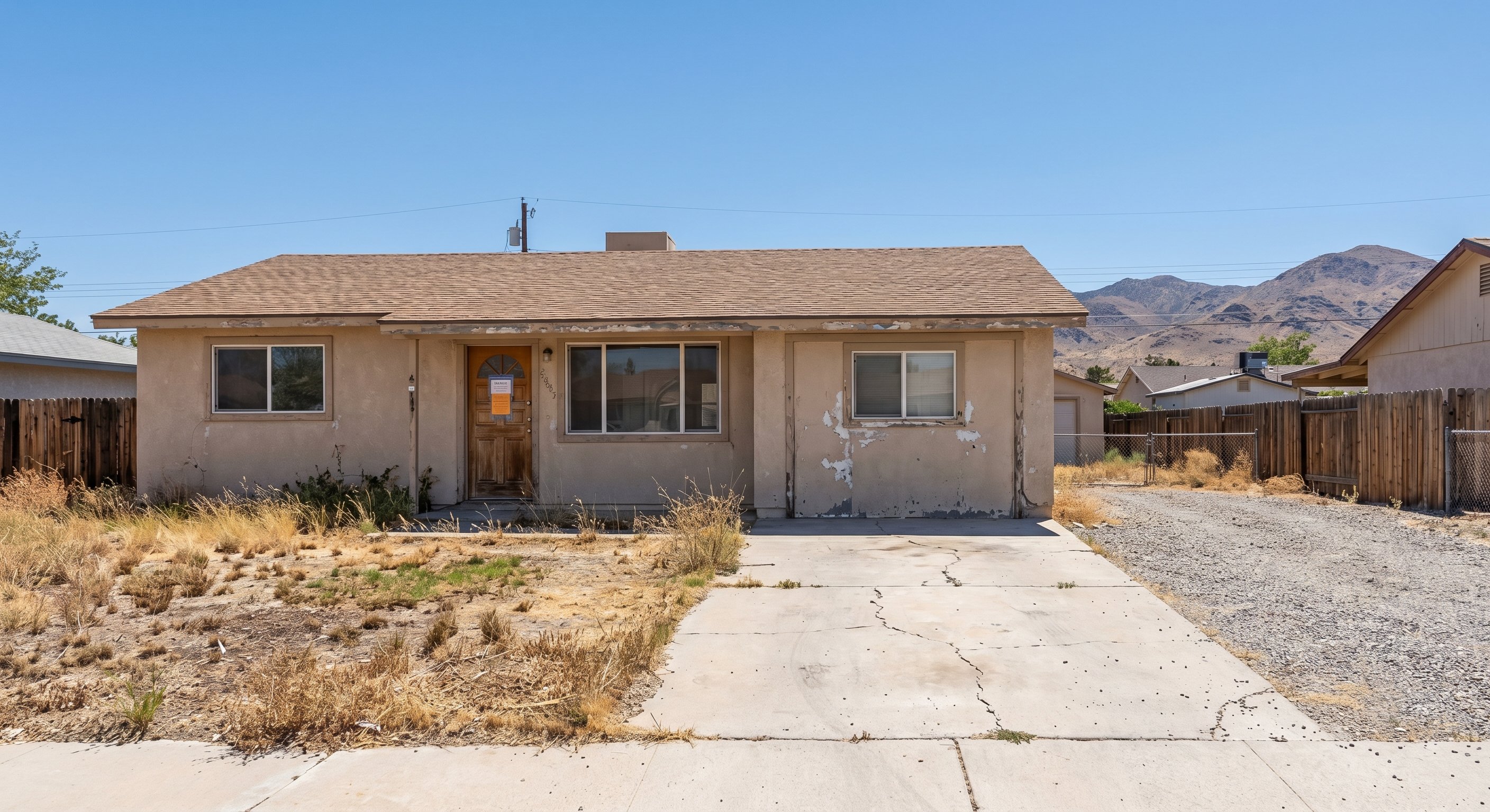 Nevada pre-foreclosure home with distress indicators visible from street view, overgrown yard and deferred maintenance typical of vacant distressed properties