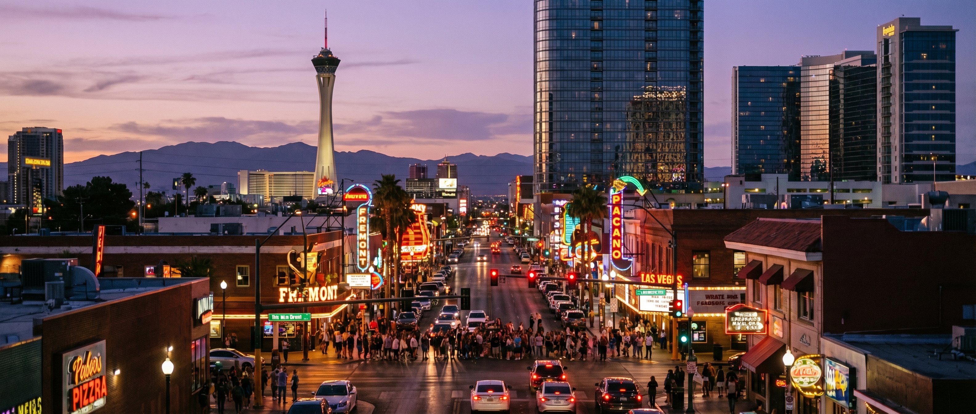 Downtown Las Vegas with mountain backdrop, representing the Nevada market where pre-foreclosure investing concentrates in Clark County