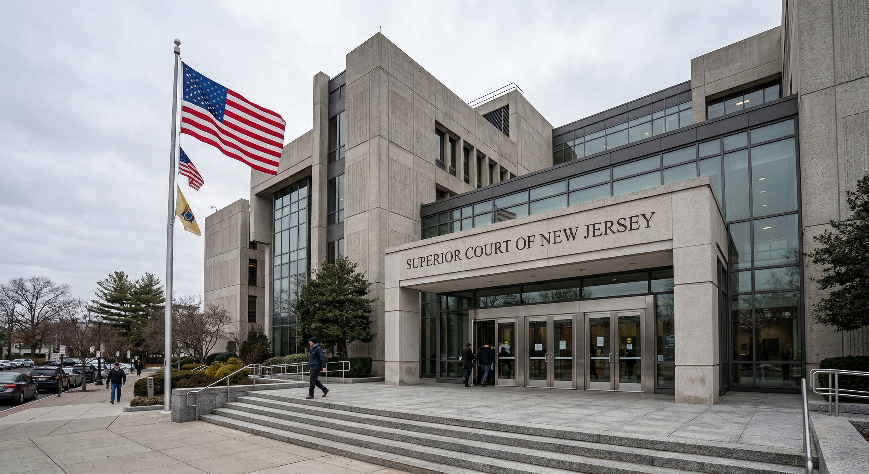 New Jersey Superior Court exterior — a concrete and glass government courthouse with an American flag and "Superior Court of New Jersey" lettering above the entrance, overcast morning light, documentary photography style, wide establishing shot