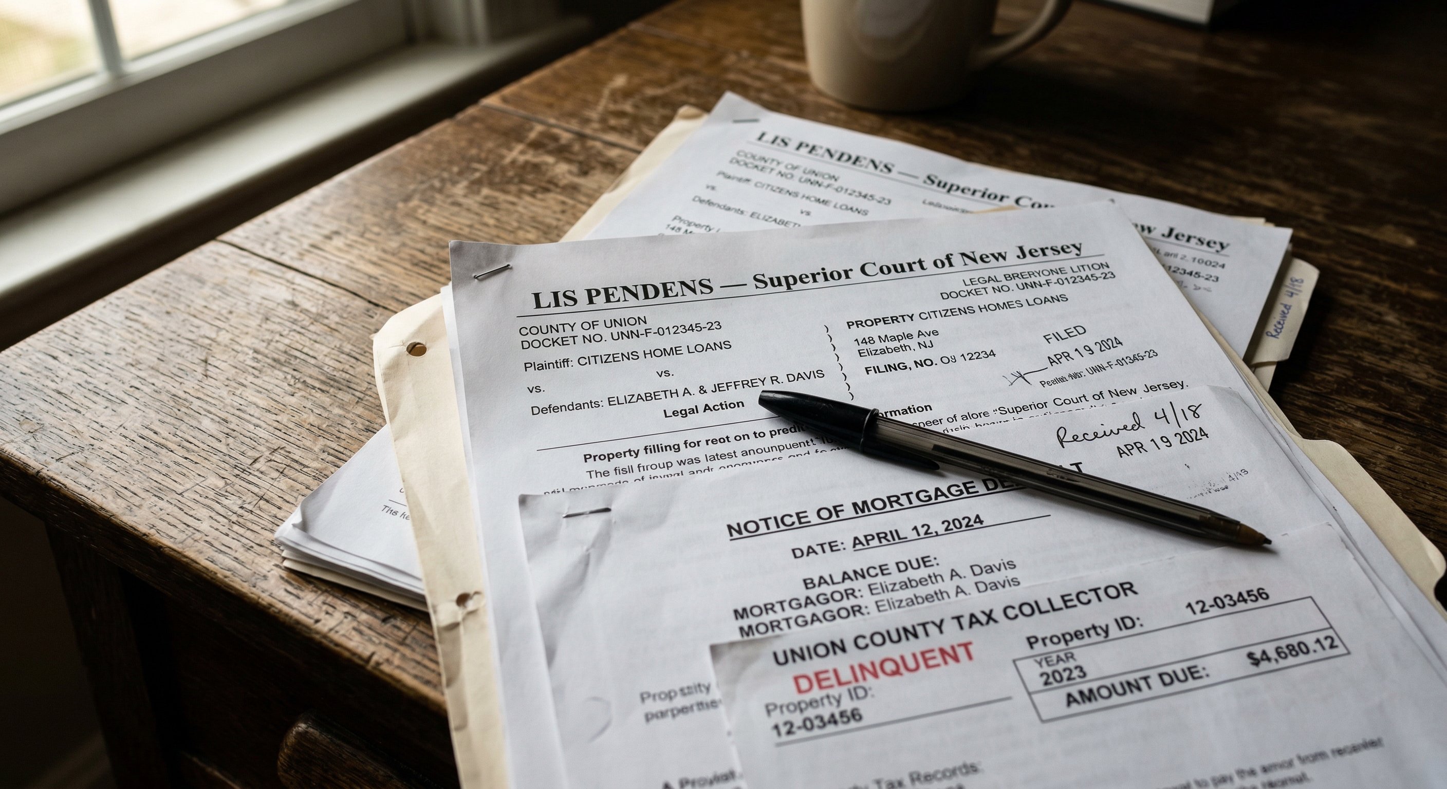 Close-up photograph of a stack of legal documents on a weathered wooden desk — a New Jersey lis pendens notice, foreclosure complaint, and county property tax records, natural window light from the left, selective focus on the "Lis Pendens" header text, documentary photography style