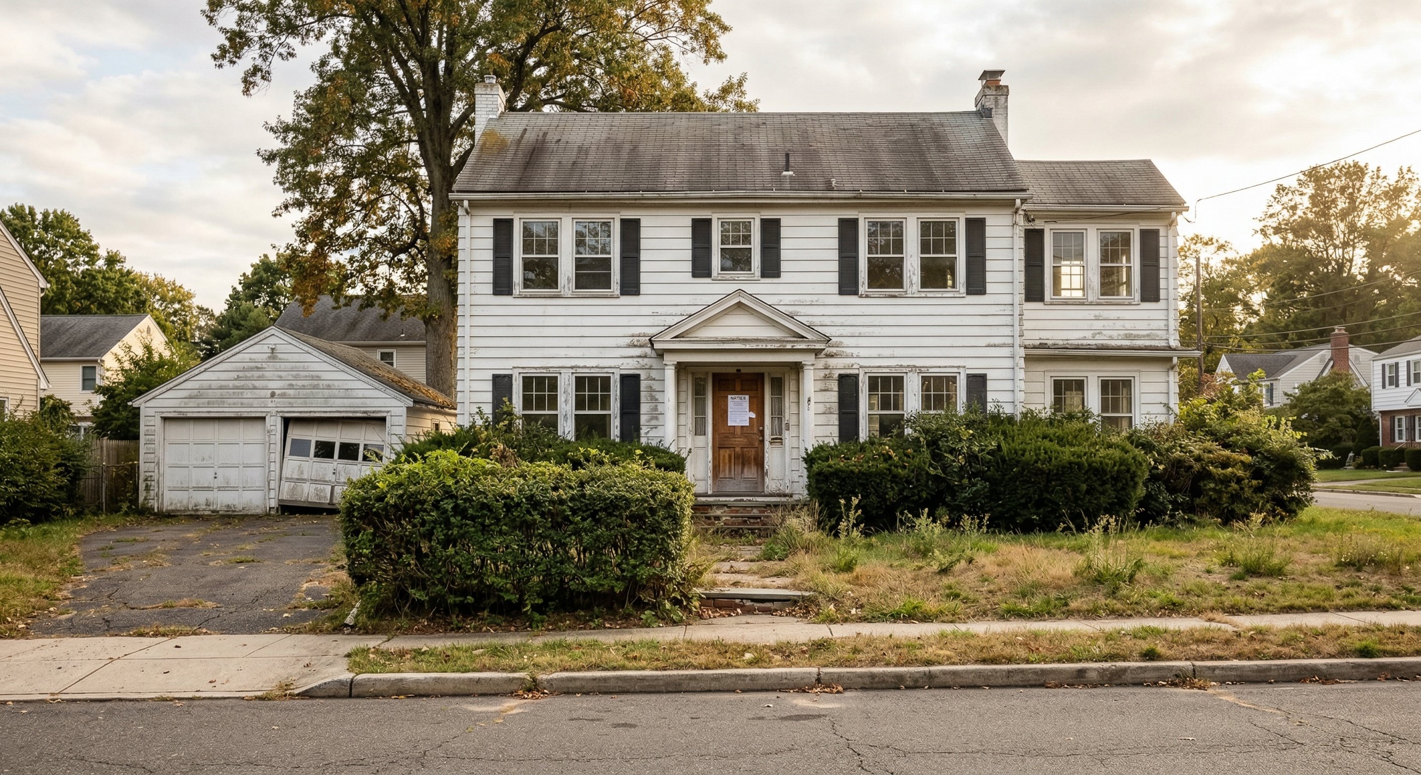 Street-level view of a vacant two-story New Jersey colonial-style home — white paint peeling, overgrown shrub line, dated shutters, a foreclosure notice taped to the front door, afternoon light from the right, documentary real estate photography, no people in frame