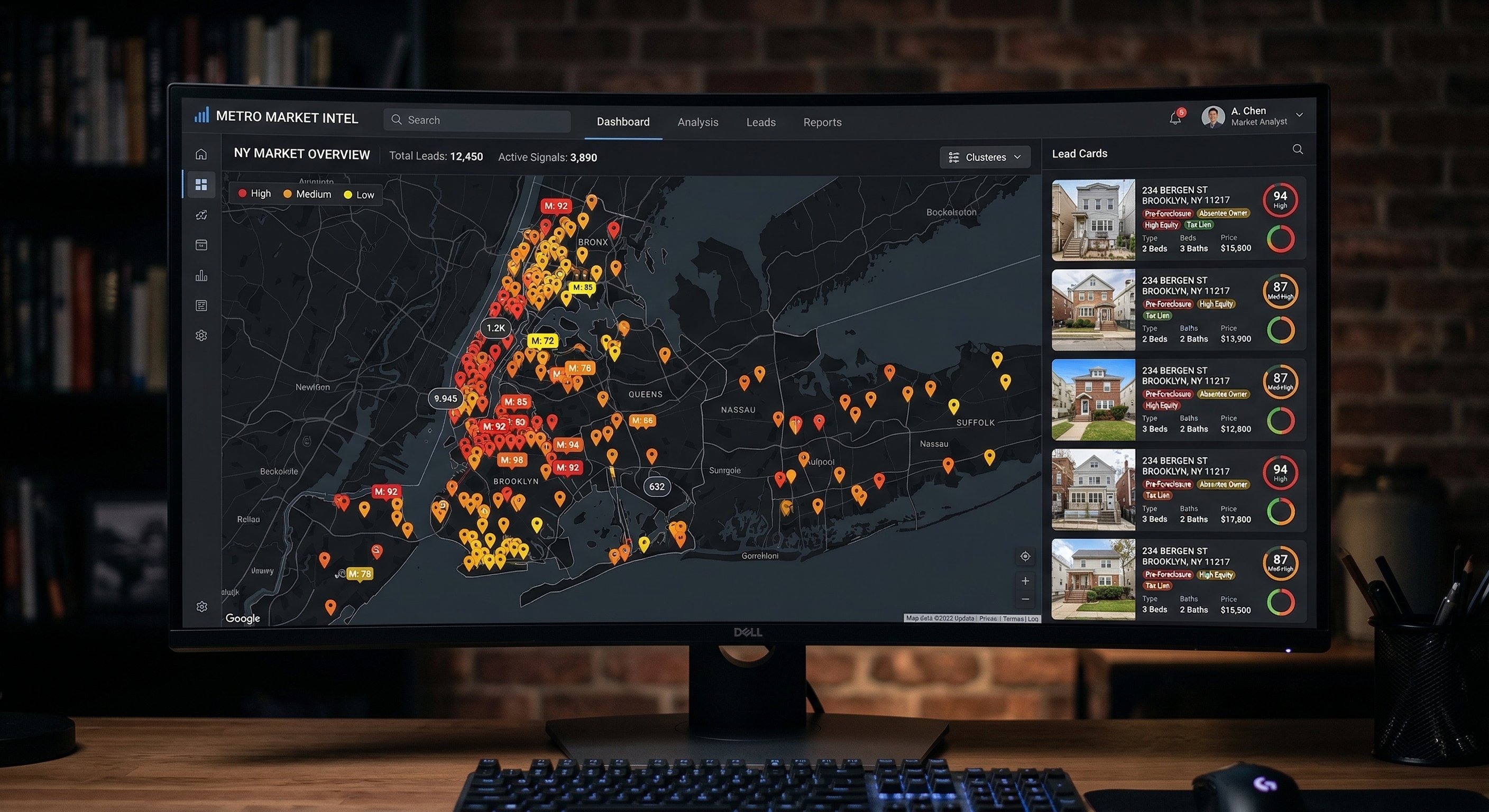 Stylized dashboard interface showing New York state pre-foreclosure lead map with colored pins across Kings, Queens, Bronx, Nassau, and Suffolk counties, motivation scores visible on each lead card, dark modern UI