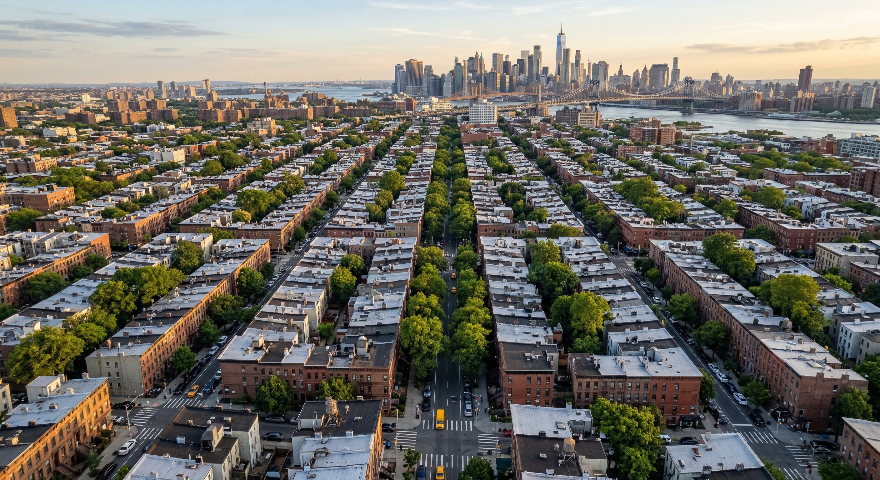 Aerial drone photograph of dense Brooklyn residential neighborhood, rows of brownstone rowhouses extending toward Manhattan skyline visible in background, late afternoon golden hour light, wide-angle aerial real estate photography
