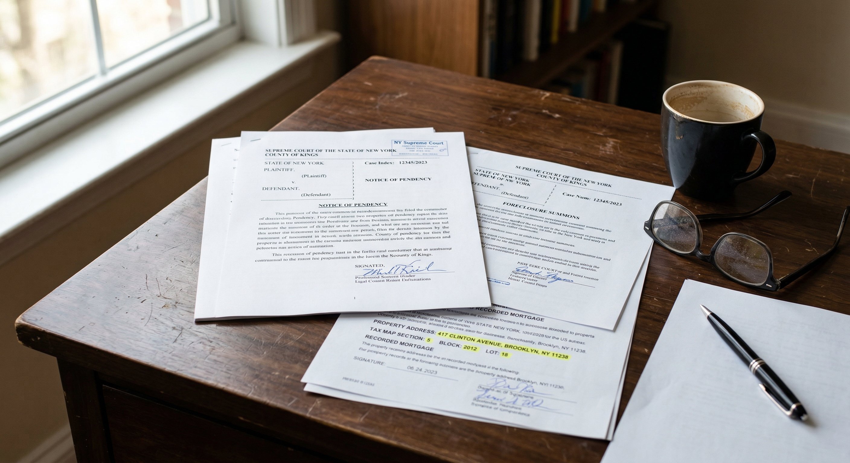 Legal documents including Notice of Pendency and foreclosure summons papers spread across a dark wood desk with reading glasses, pen, and coffee mug nearby, natural window light from the left side, documentary close-up photography style