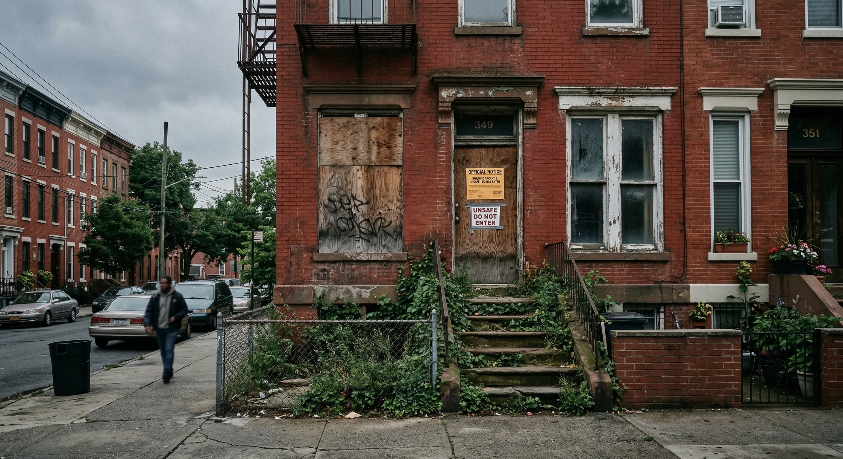 Exterior photograph of a vacant two-story brick rowhouse in a dense urban neighborhood with a weathered "Notice" posted on the front door, overgrown stoop, peeling paint on window trim, early morning overcast light, real estate documentary photography