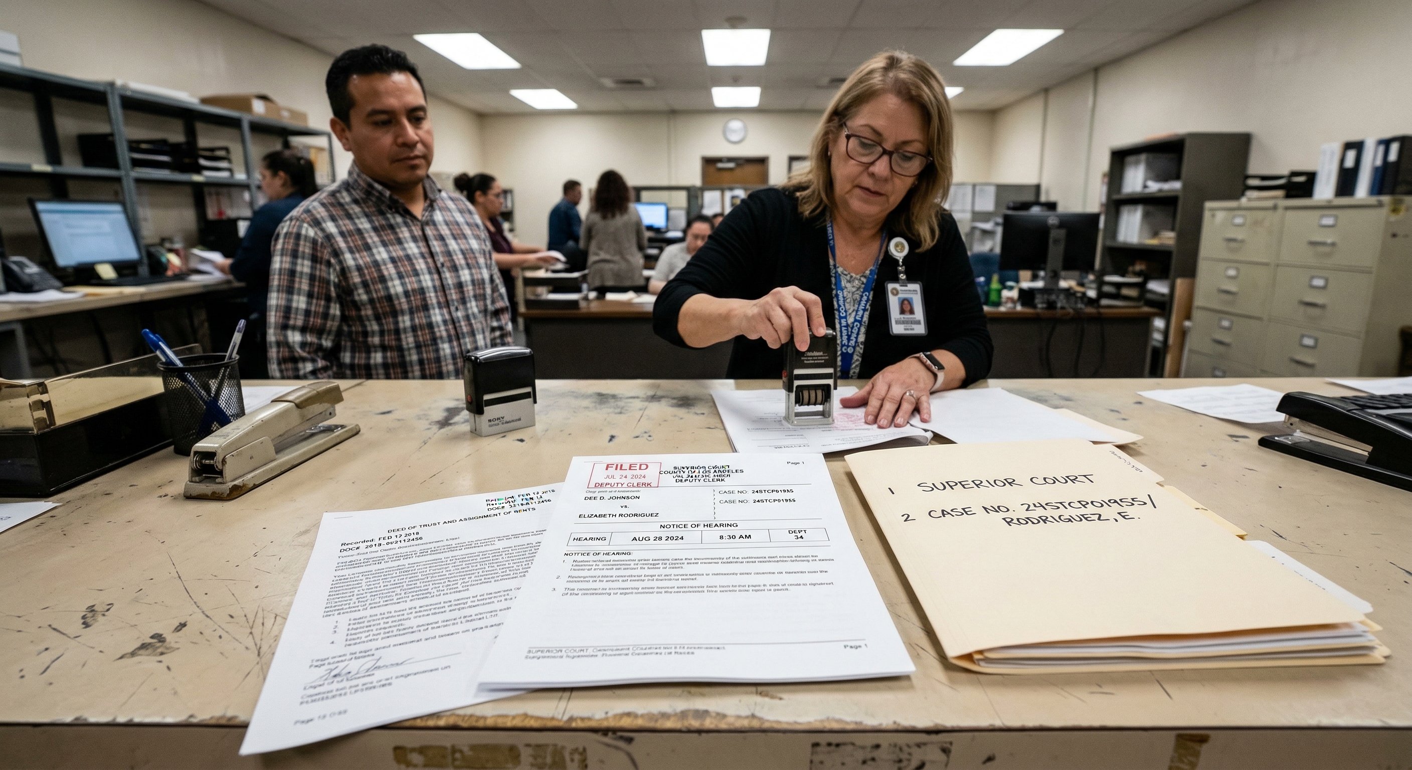 Documents on a courthouse clerk counter — Notice of Hearing foreclosure filing pages, deed of trust documents, county stamp visible, natural fluorescent lighting, documentary photography style