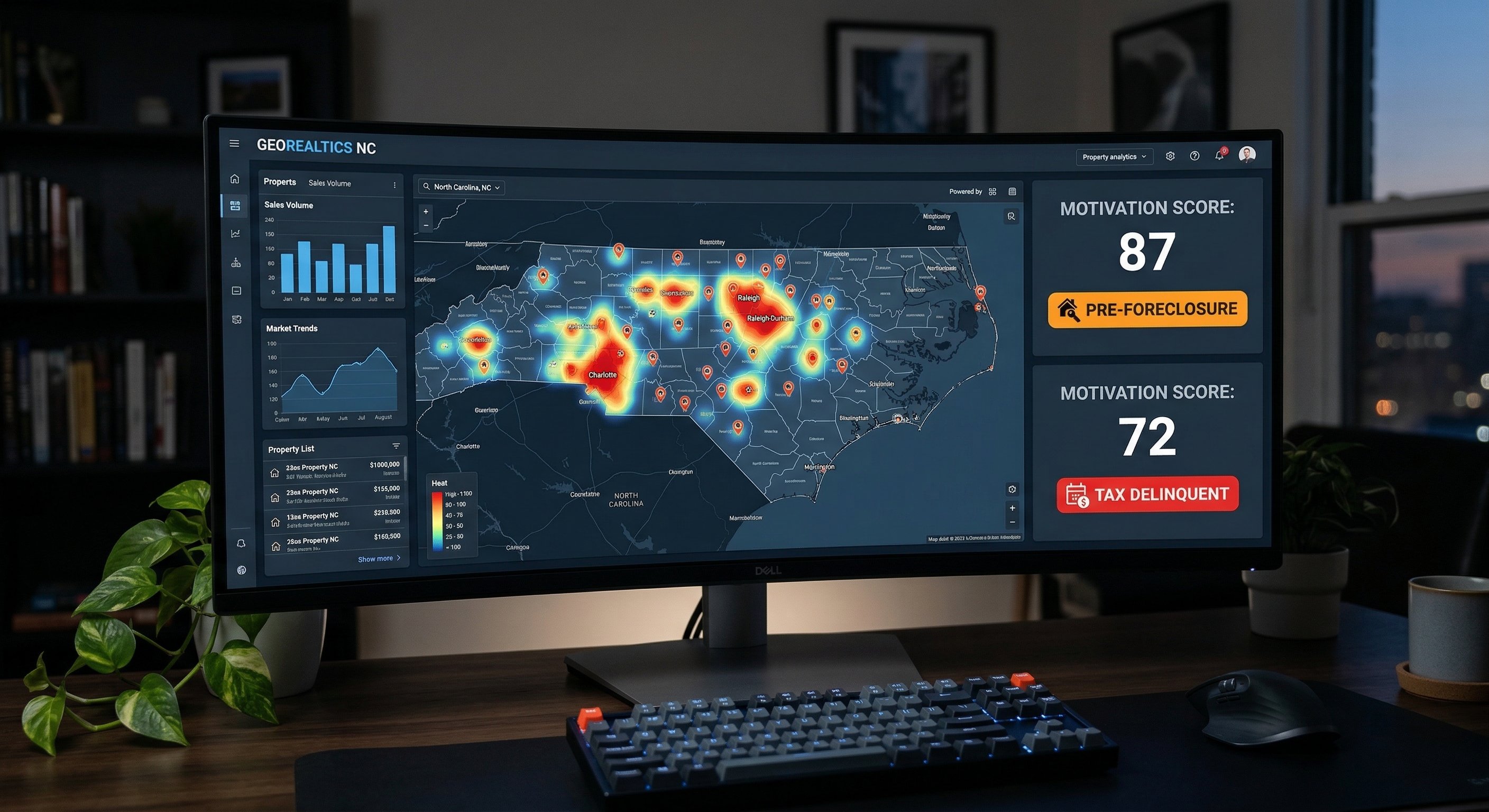 Stylized real estate data dashboard mockup on a dark monitor screen — North Carolina county map with color-coded heat overlay showing pre-foreclosure signal density, property pins in Charlotte and Raleigh, motivation score cards visible, screen glow as key light, technology product photography