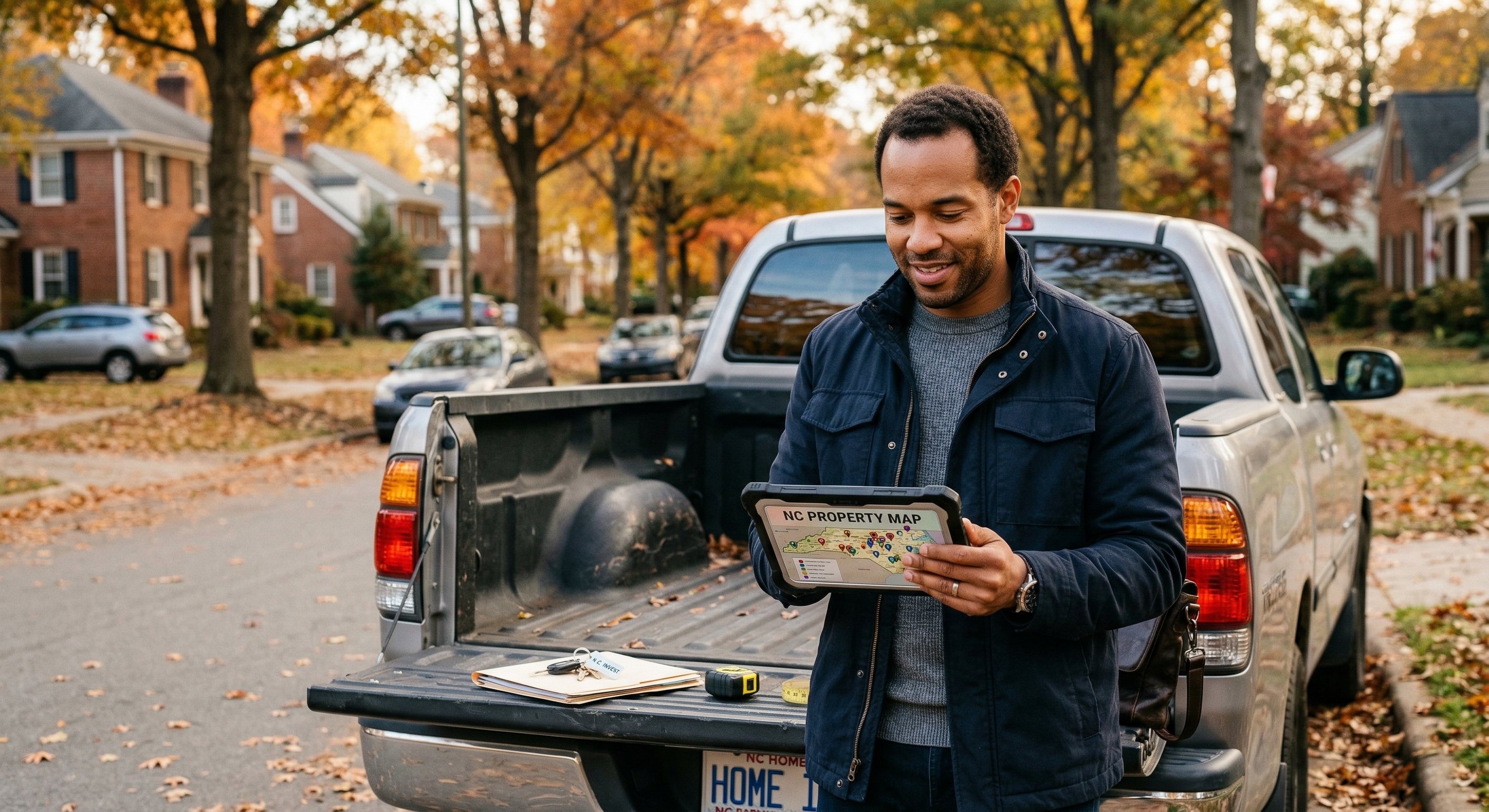 An investor in their late 30s wearing a casual jacket, standing at the tailgate of a pickup truck in a residential NC neighborhood, reviewing a tablet showing a map with property pins, natural afternoon light, trees with fall foliage visible in background, lifestyle documentary photography style, visible skin texture, catchlight in eyes, 50mm lens