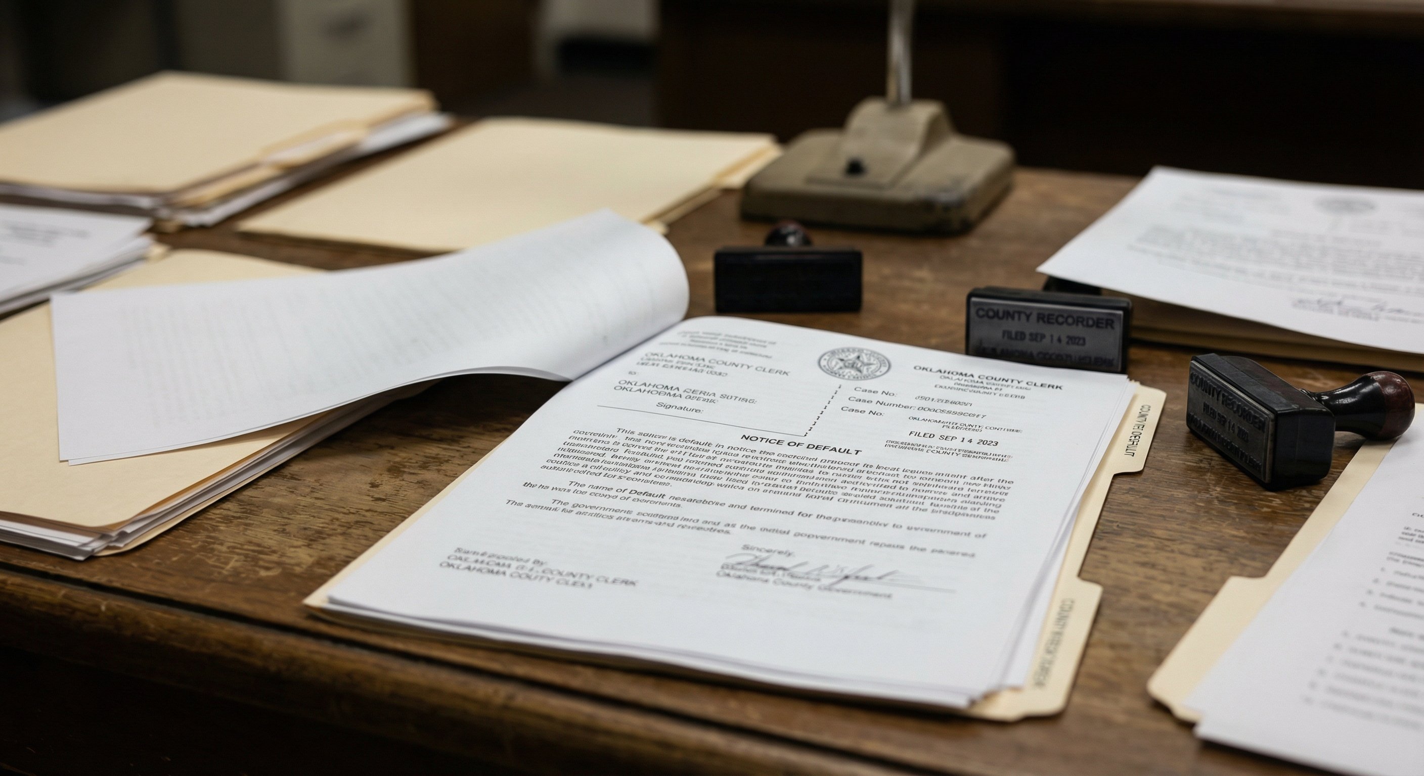 An Oklahoma County Notice of Default document on a government desk, showing the official county recorder stamps and filing details