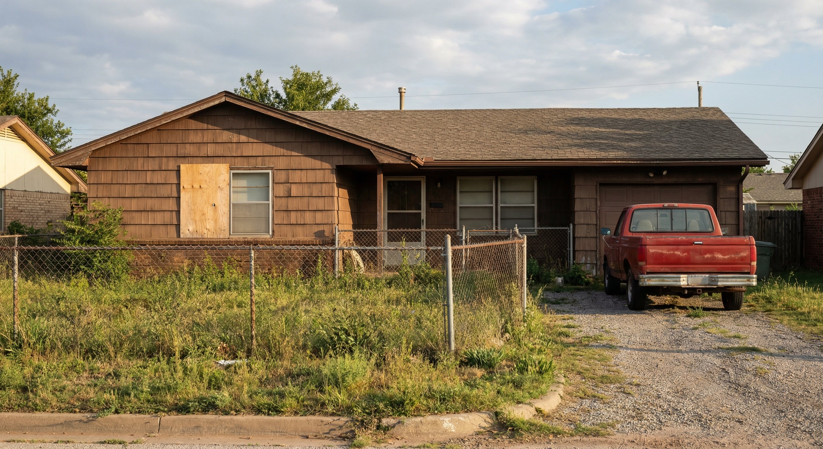 A 1970s Oklahoma ranch home with wood paneling and an overgrown yard, showing the exterior condition typical of pre-foreclosure properties