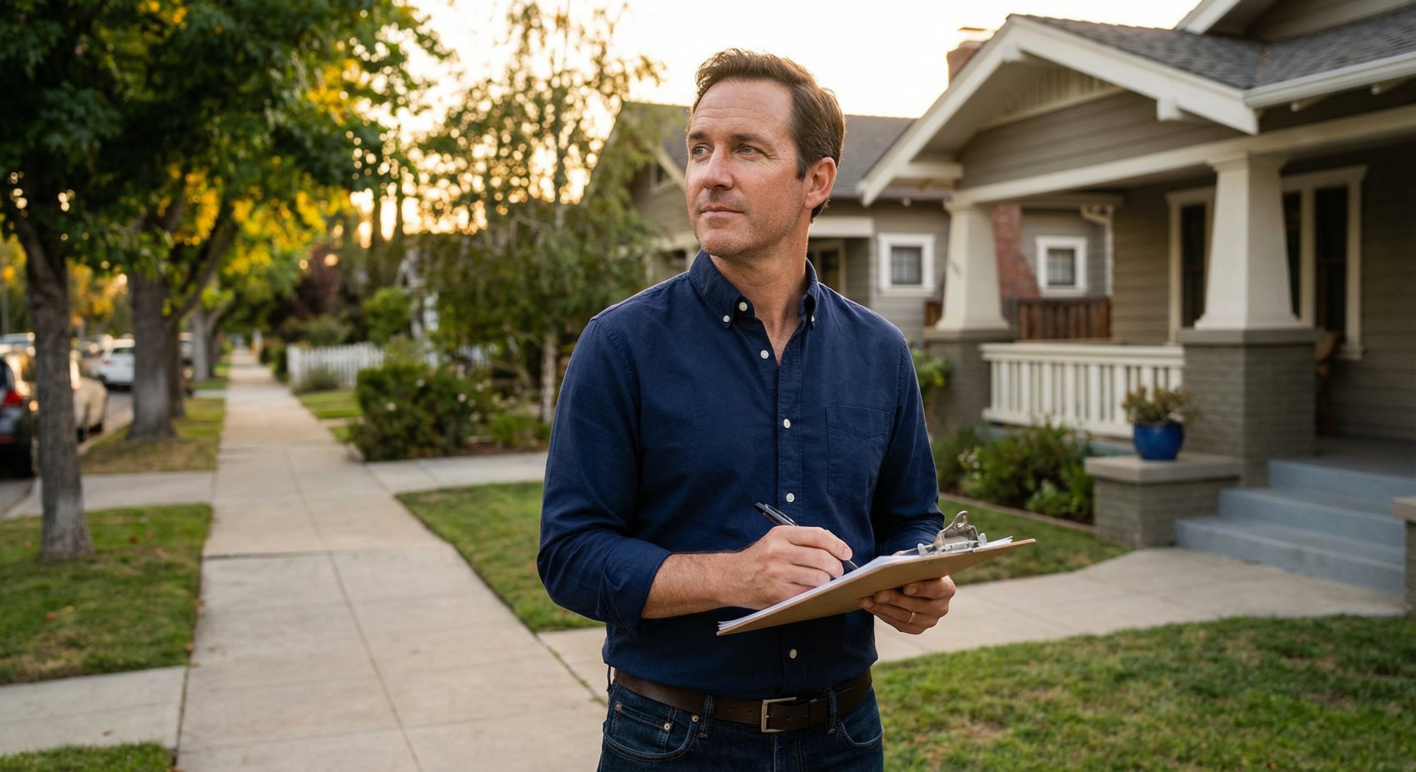 A real estate investor reviewing property notes on a clipboard while standing in front of a single-family home in an Oklahoma neighborhood