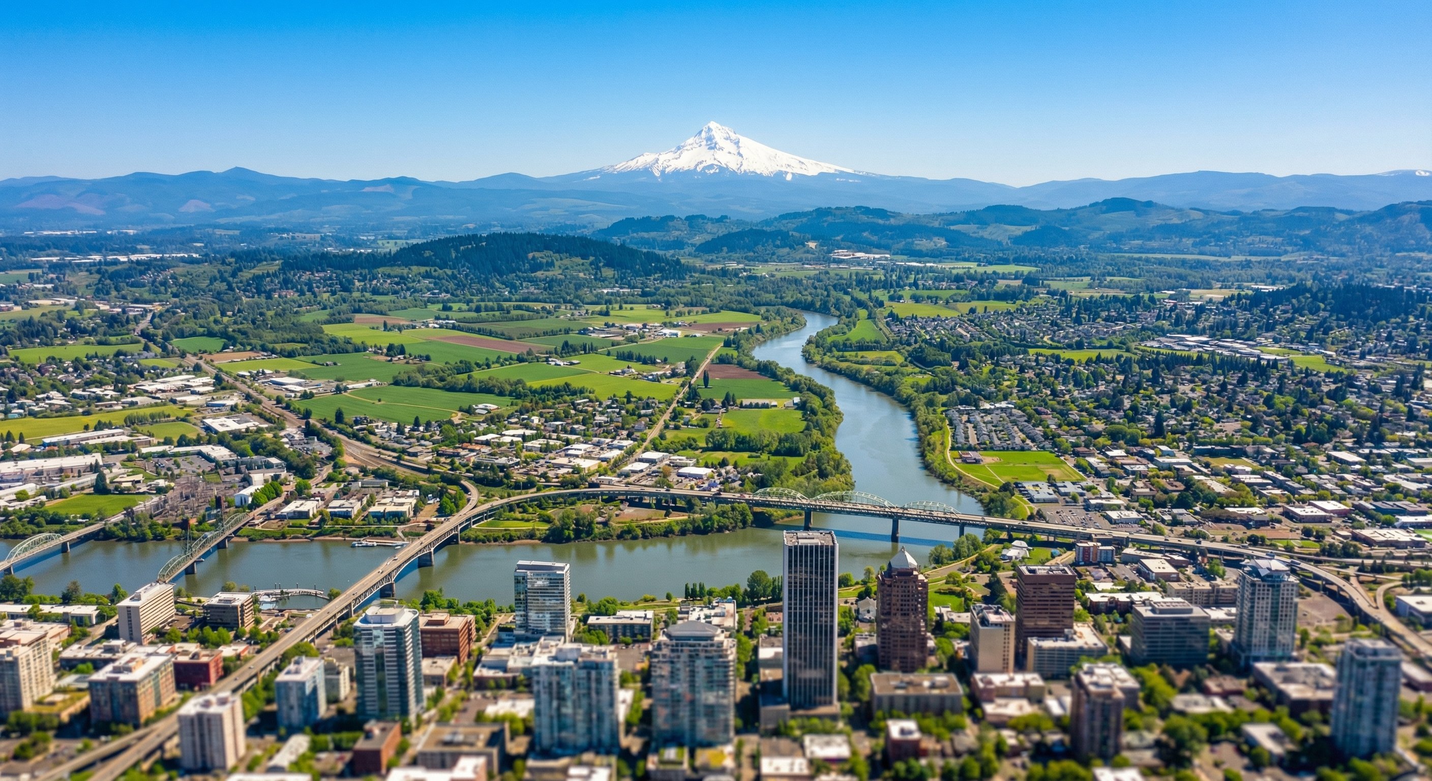 Aerial view of Oregon's Willamette Valley with Mount Hood