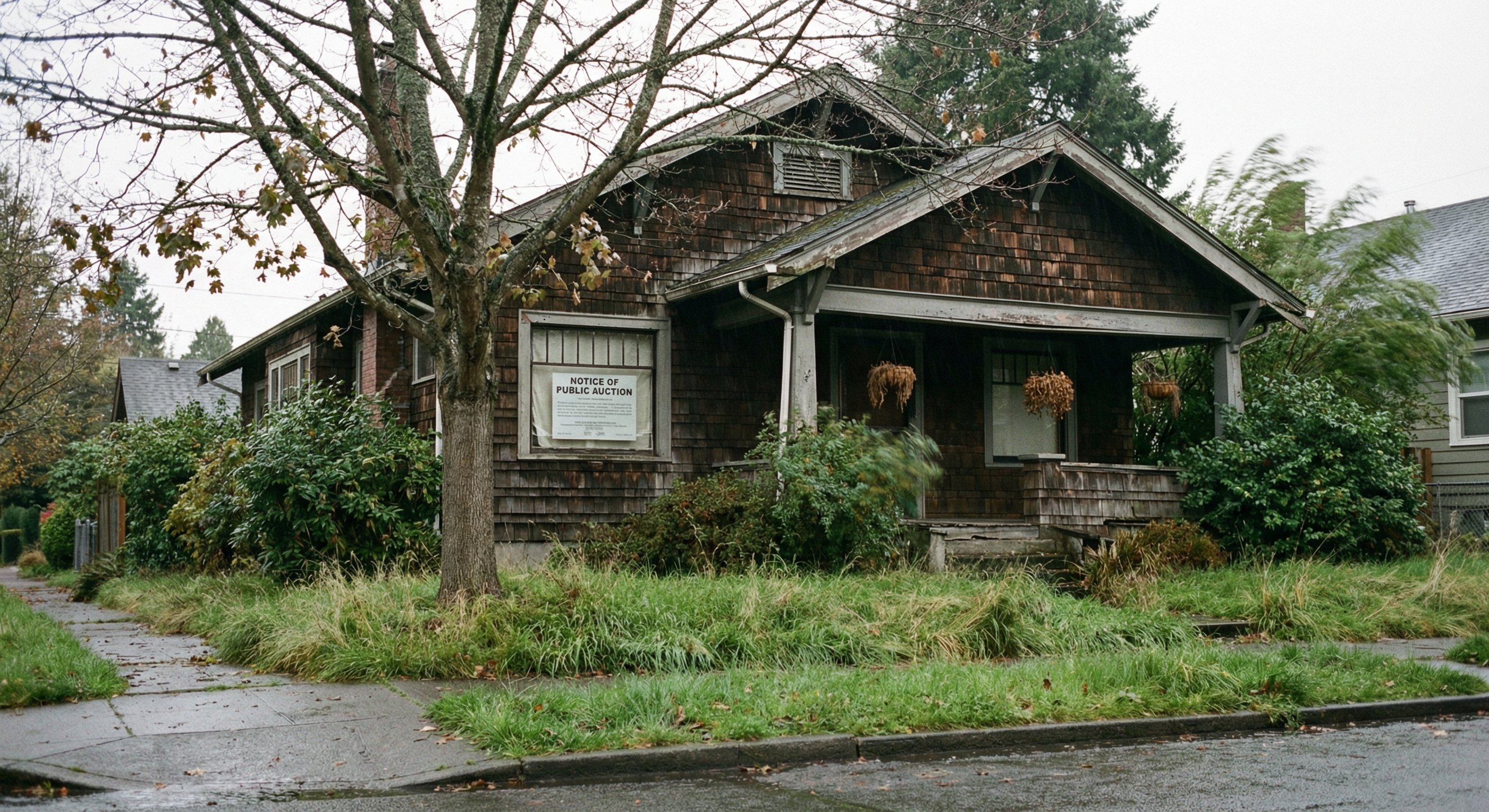A pre-foreclosure craftsman bungalow in a Portland historic district with overgrown yard and auction notice on window