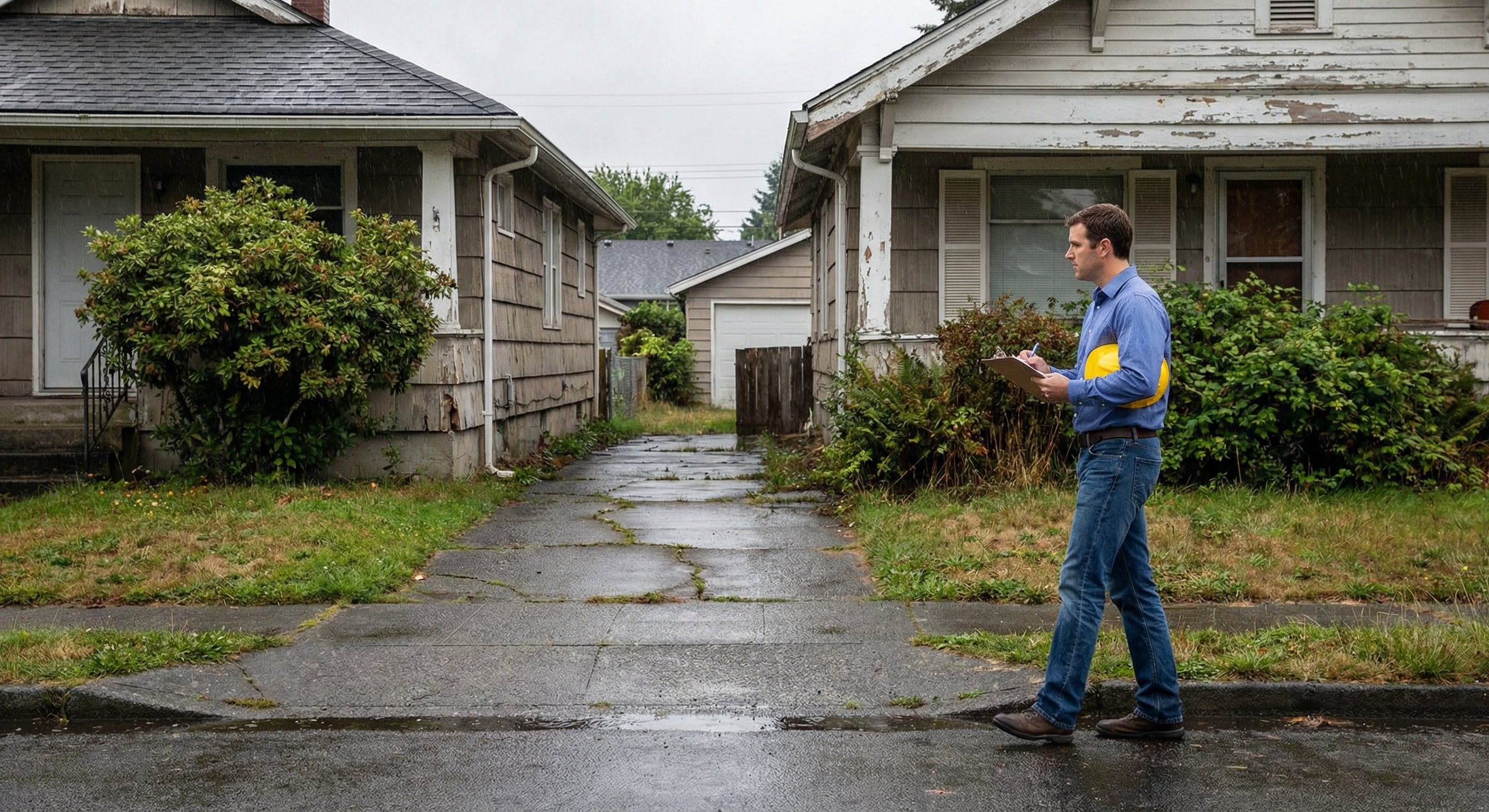 Real estate investor evaluating exterior of a distressed property in Oregon