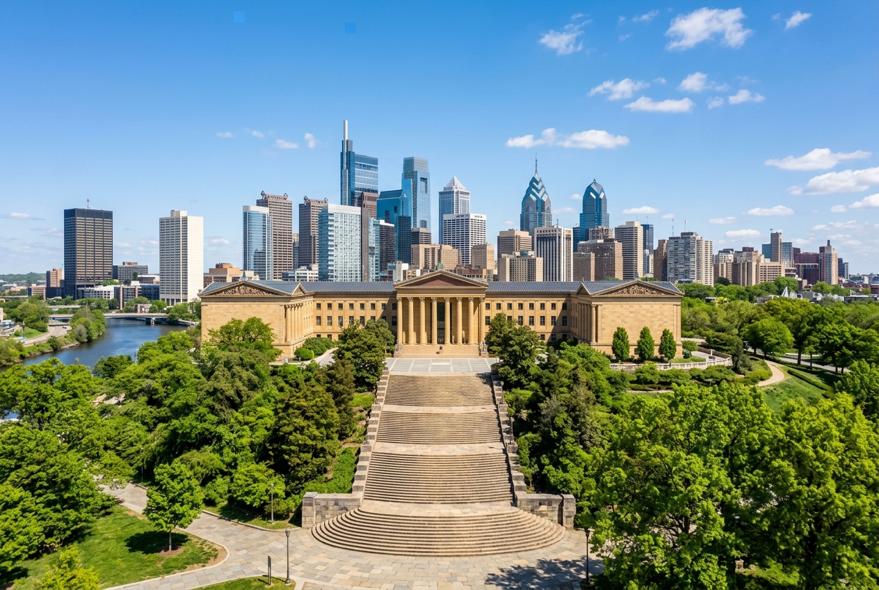 Philadelphia skyline with the Philadelphia Museum of Art visible in the foreground, photorealistic daytime shot