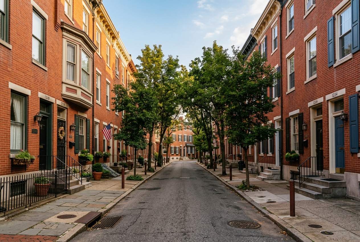 Philadelphia residential block with brick rowhouses in a South Philadelphia neighborhood, photorealistic street-level view