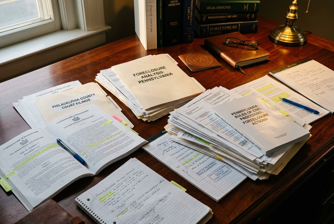 Pennsylvania state legal documents and Philadelphia County court filings on a desk, foreclosure analysis materials