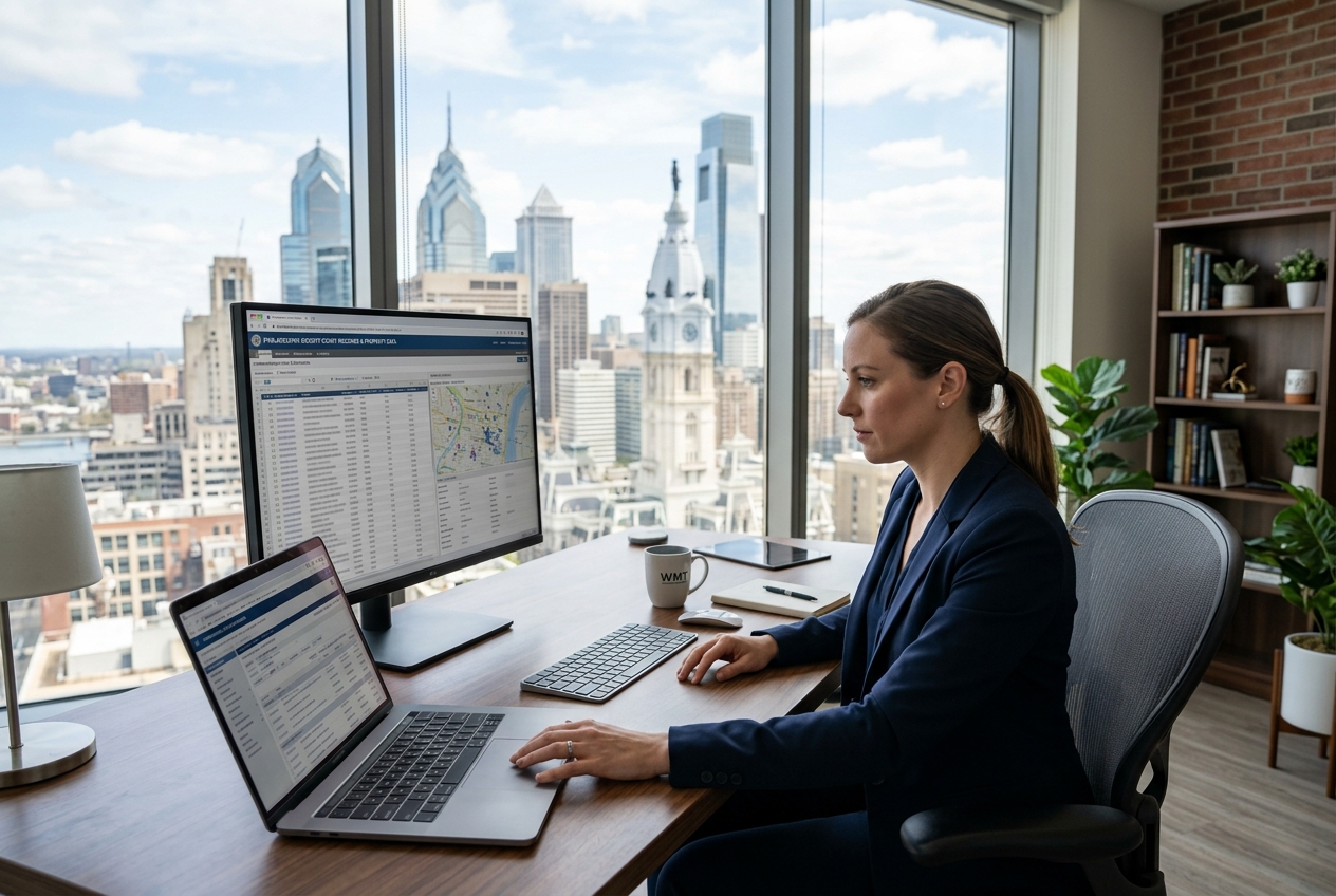 Investor reviewing Philadelphia County Prothonotary records on a laptop, Philadelphia skyline visible through window