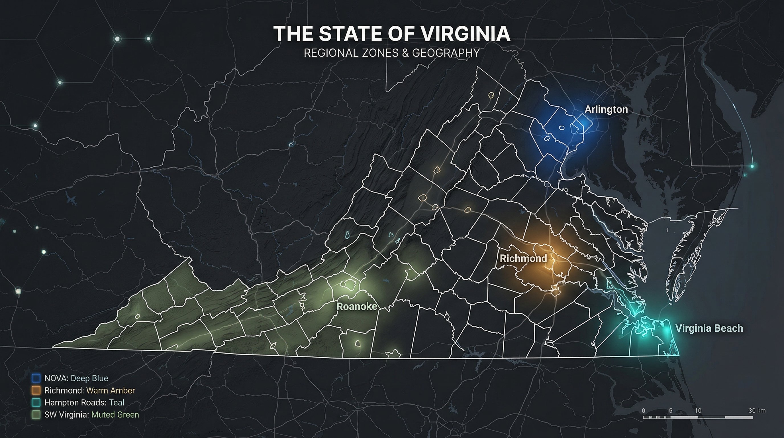 Stylized map of Virginia showing investor-active regions with pin clusters in Northern Virginia, Richmond, and Hampton Roads