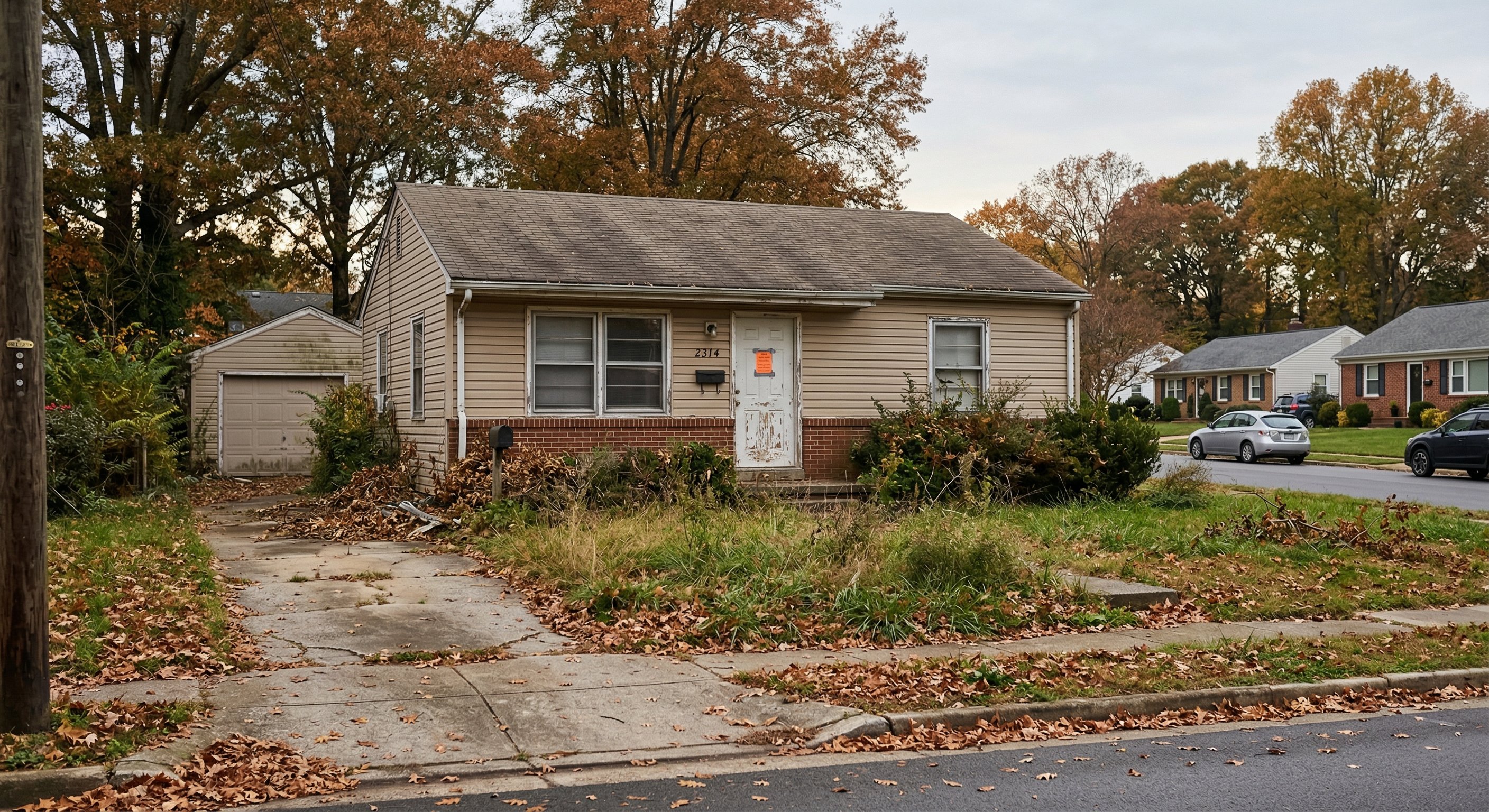 A distressed single-family ranch home in a Virginia suburban neighborhood, overgrown lawn, faded paint, utility notice on front door, autumn leaves in yard