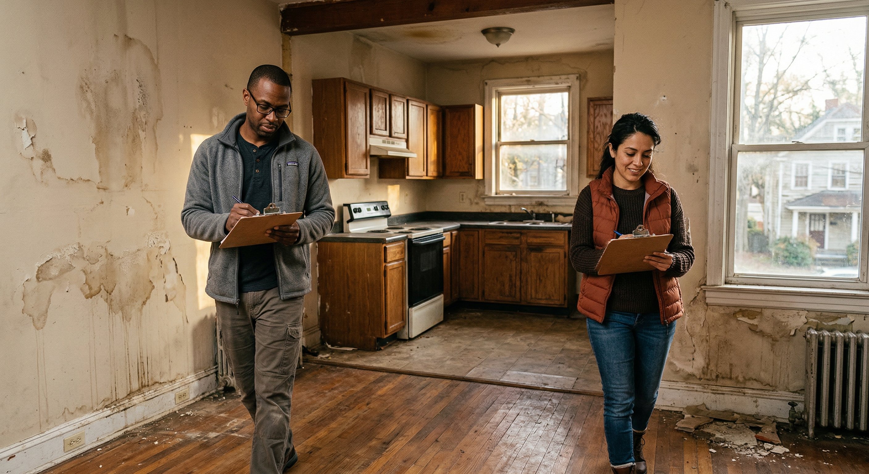 Two real estate investors walking through a distressed Virginia townhome during a pre-purchase walkthrough, reviewing notes on a clipboard, late afternoon natural light