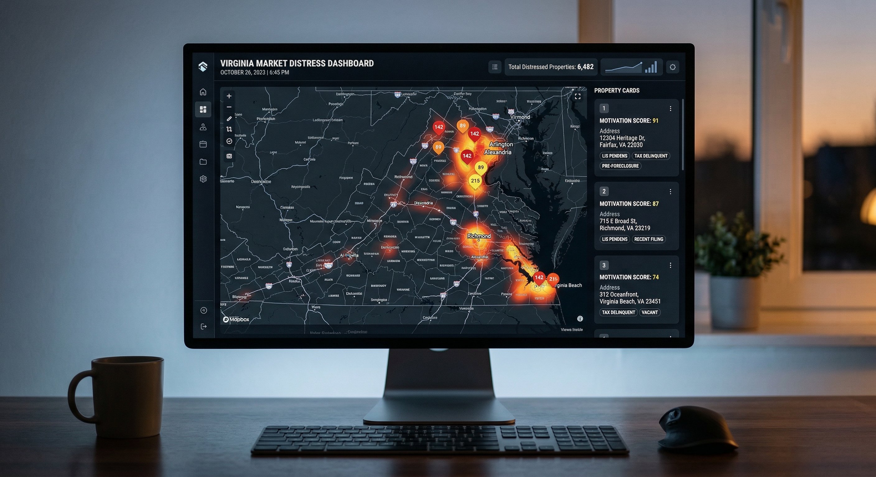Dark-themed digital dashboard mockup showing a Virginia map with color-coded distress signal pins across Fairfax, Richmond, and Virginia Beach counties, with motivation score cards