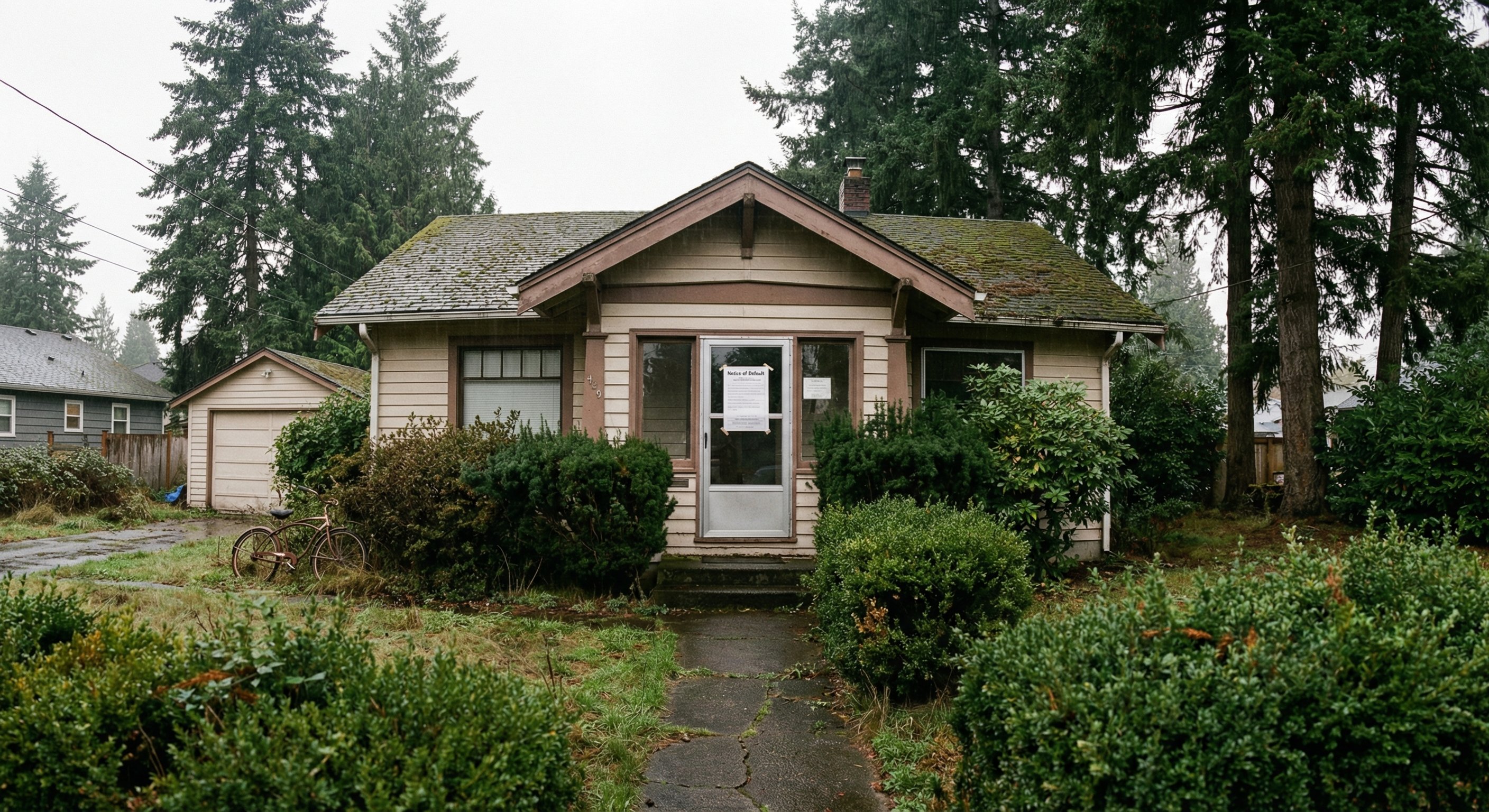 Pacific Northwest craftsman home showing pre-foreclosure exterior signals including overgrown yard and Notice of Default