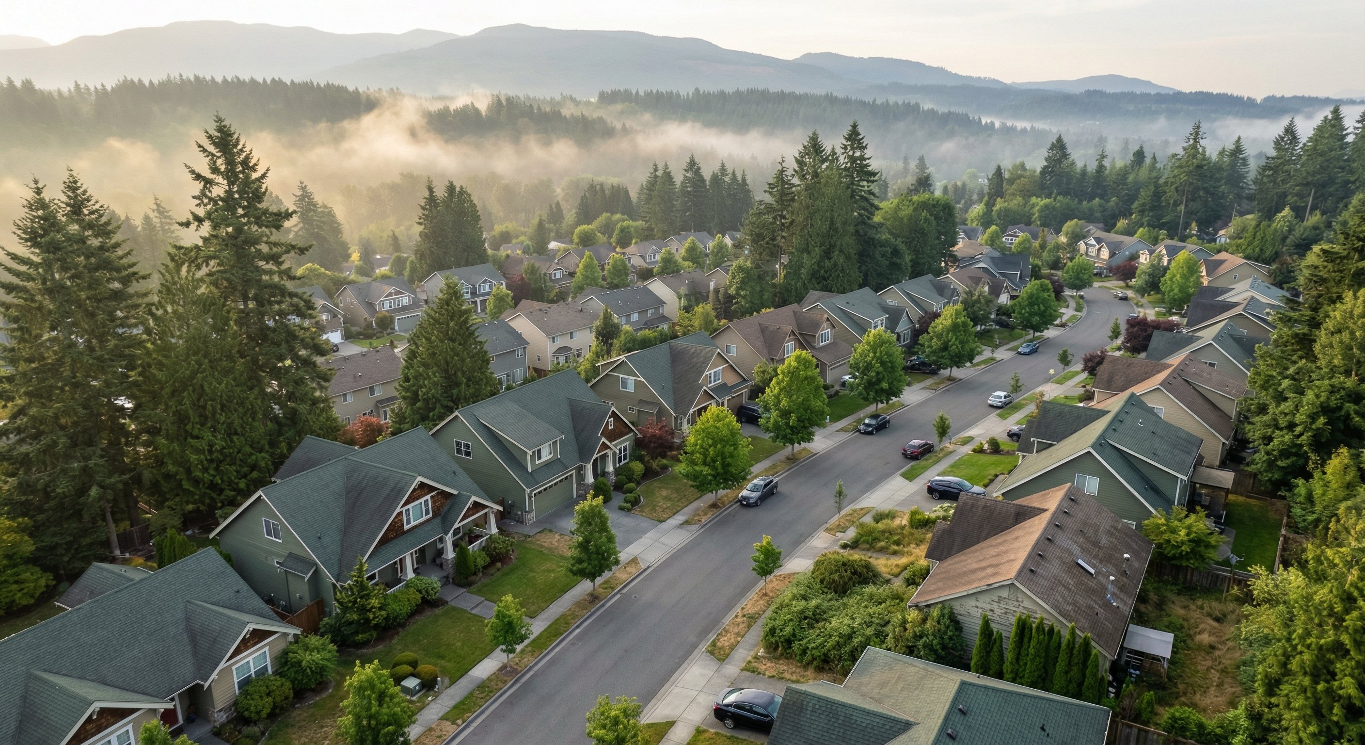 Aerial view of King County Washington suburban neighborhood showing mix of maintained and distressed properties