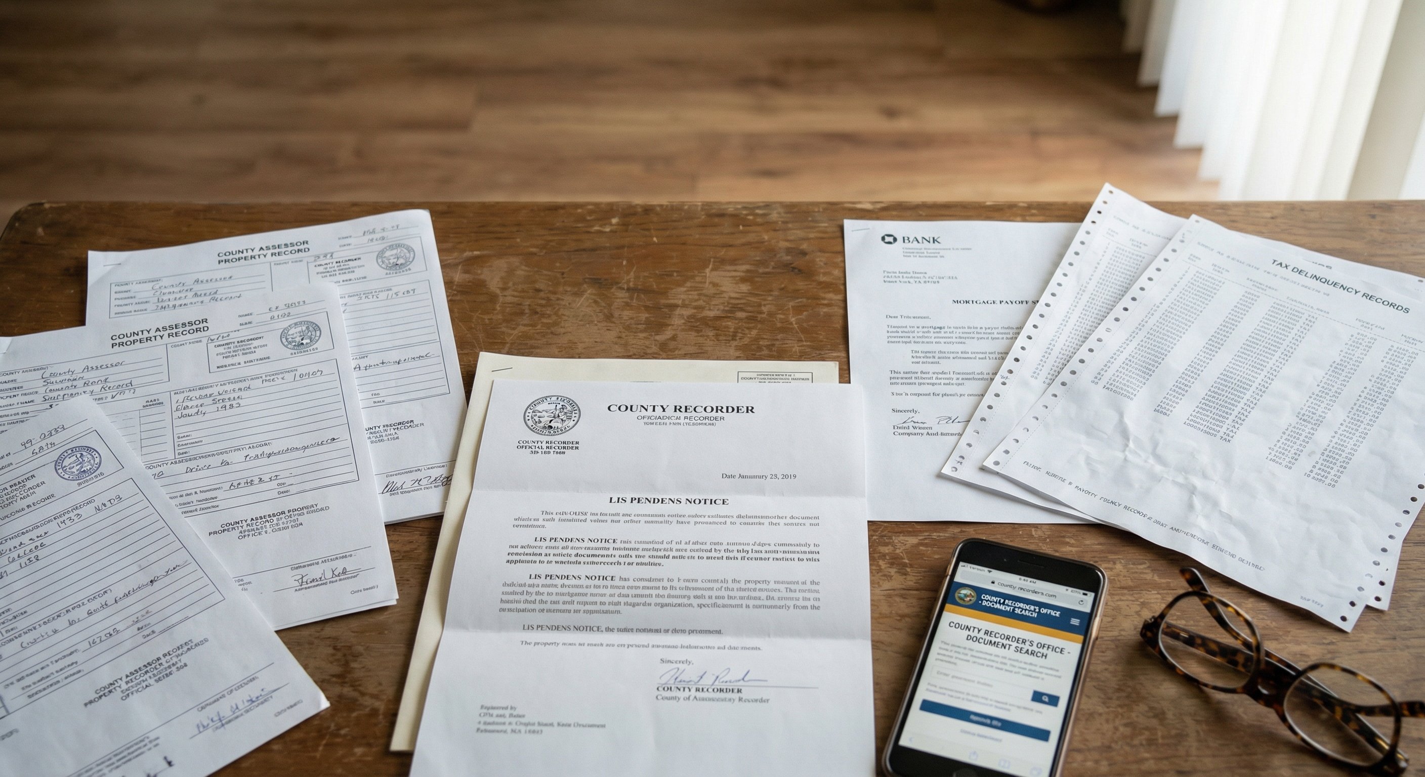 Flat-lay of county recorder documents and lis pendens notices on a wooden desk, showing the public records research process