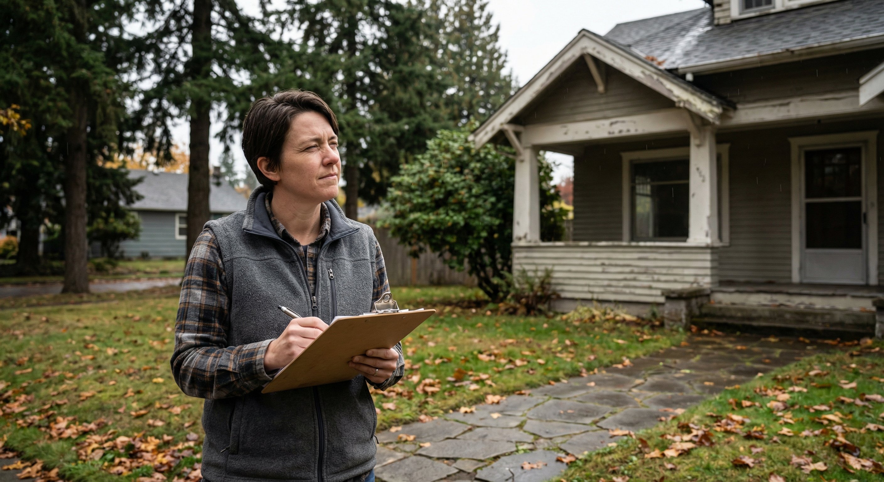 Real estate investor examining a Pacific Northwest property exterior with clipboard, autumn leaves and pine trees in background