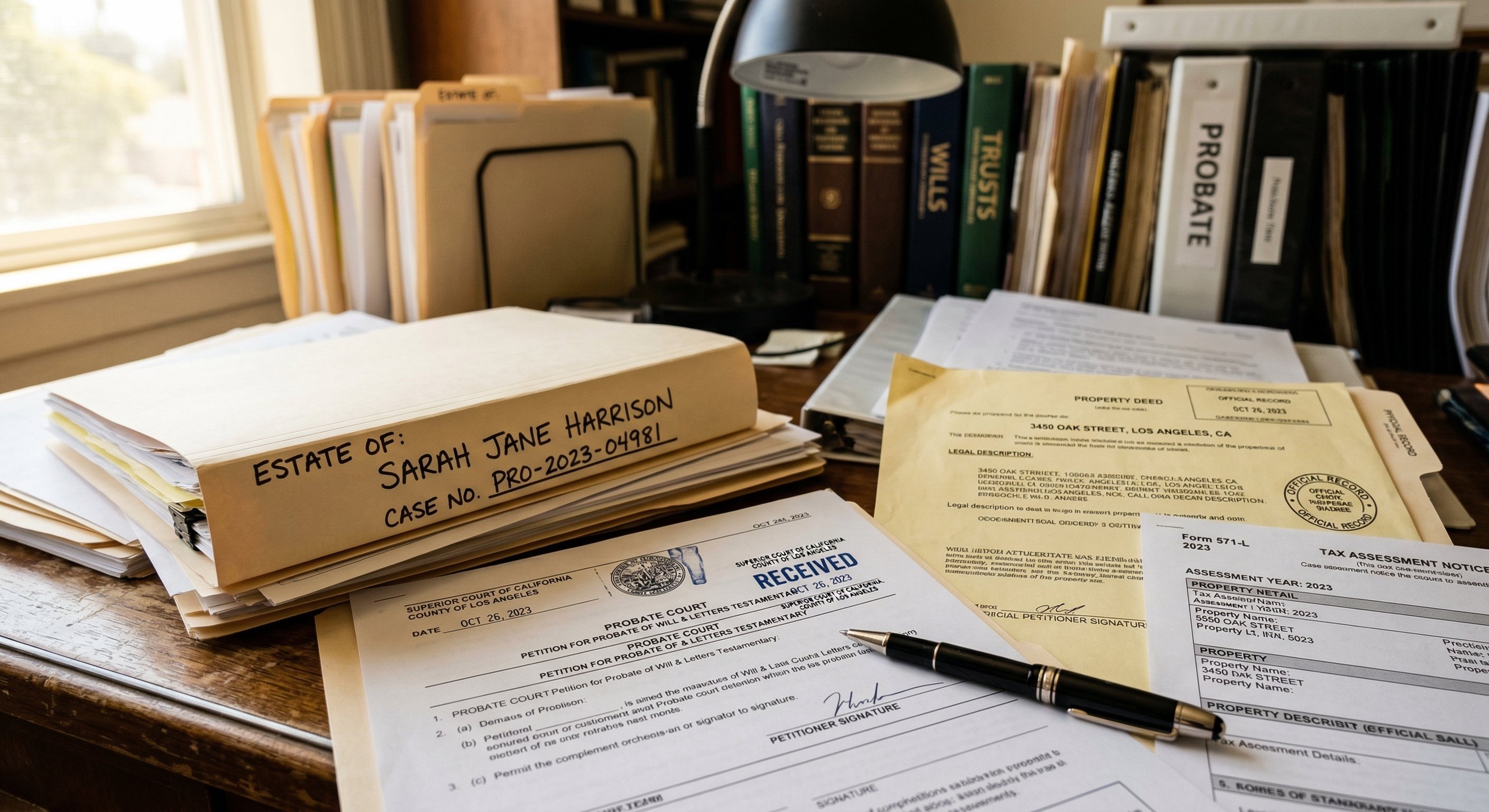 Arizona probate estate documents on a desk — court filings, deed records, and tax statements for a Maricopa County property
