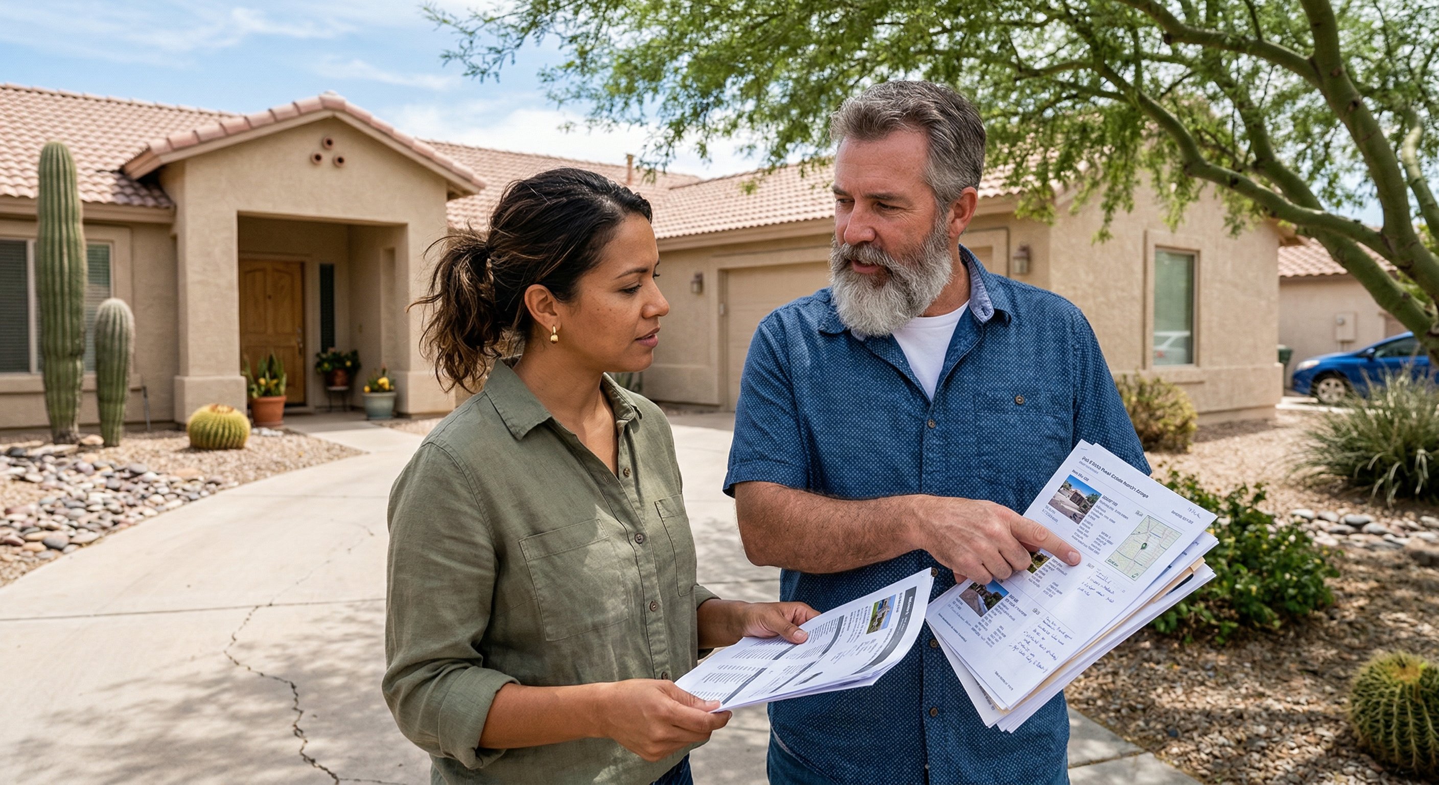 Two investors reviewing a probate lead printout and assessor data at a property walk-through in an Arizona suburban neighborhood