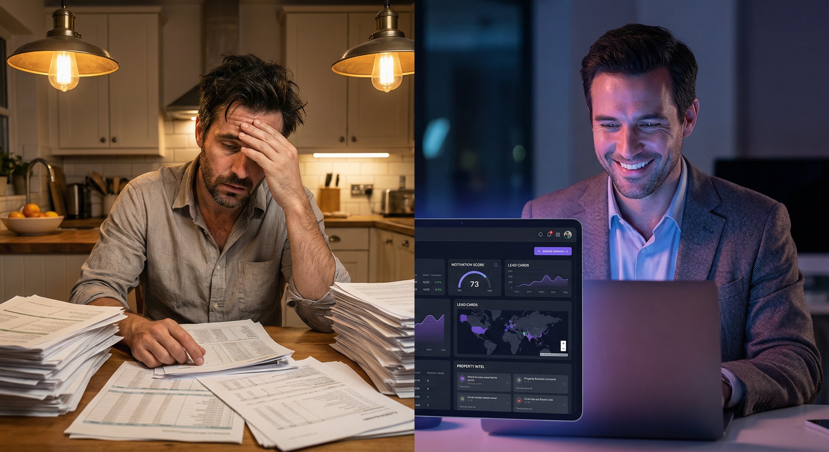 A split-screen composition: left side shows an