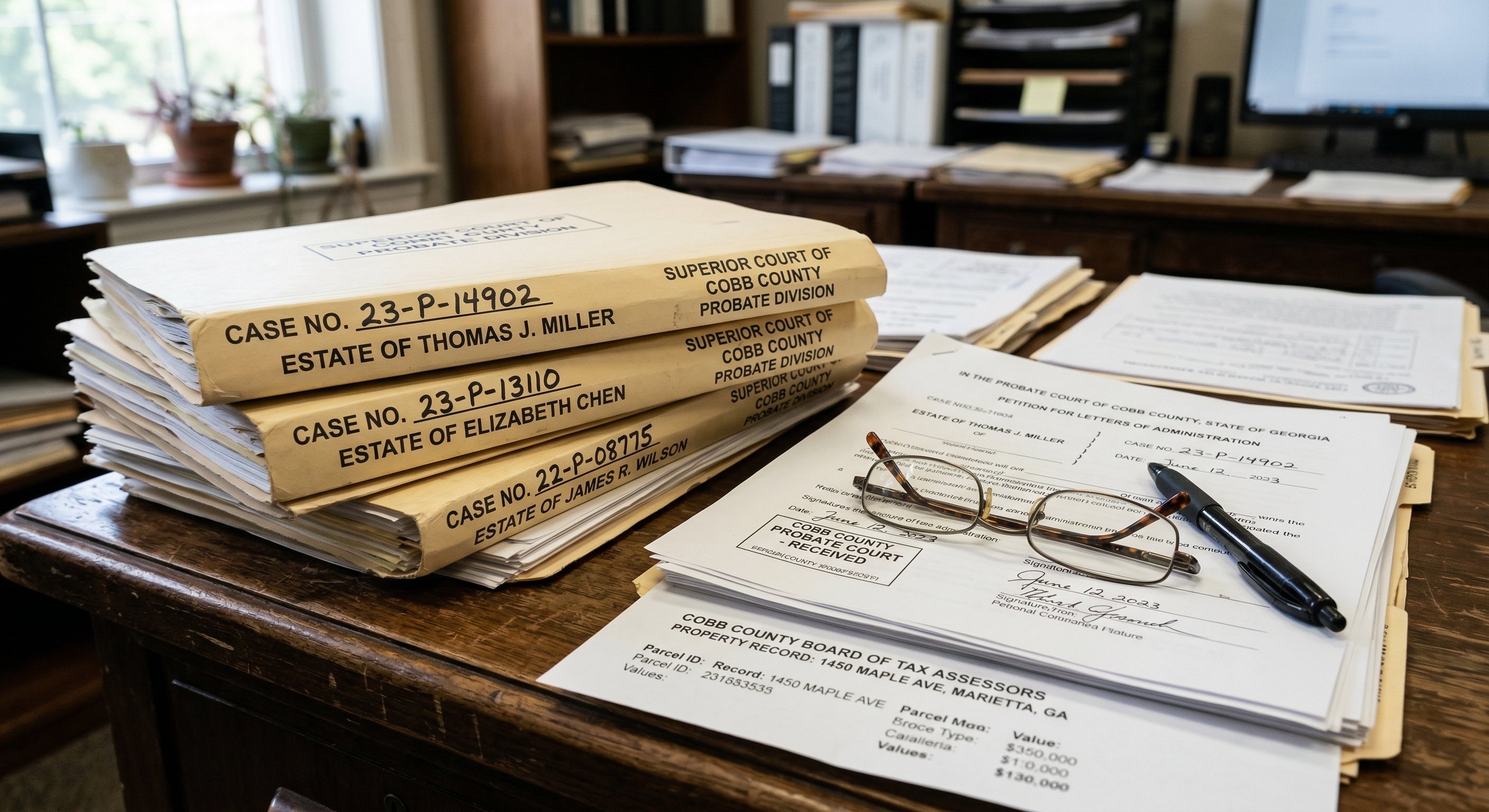 Stack of Georgia probate court filings and estate documents on a wooden desk — manila folders, legal papers, county assessor records, natural window light from left, documentary style photography