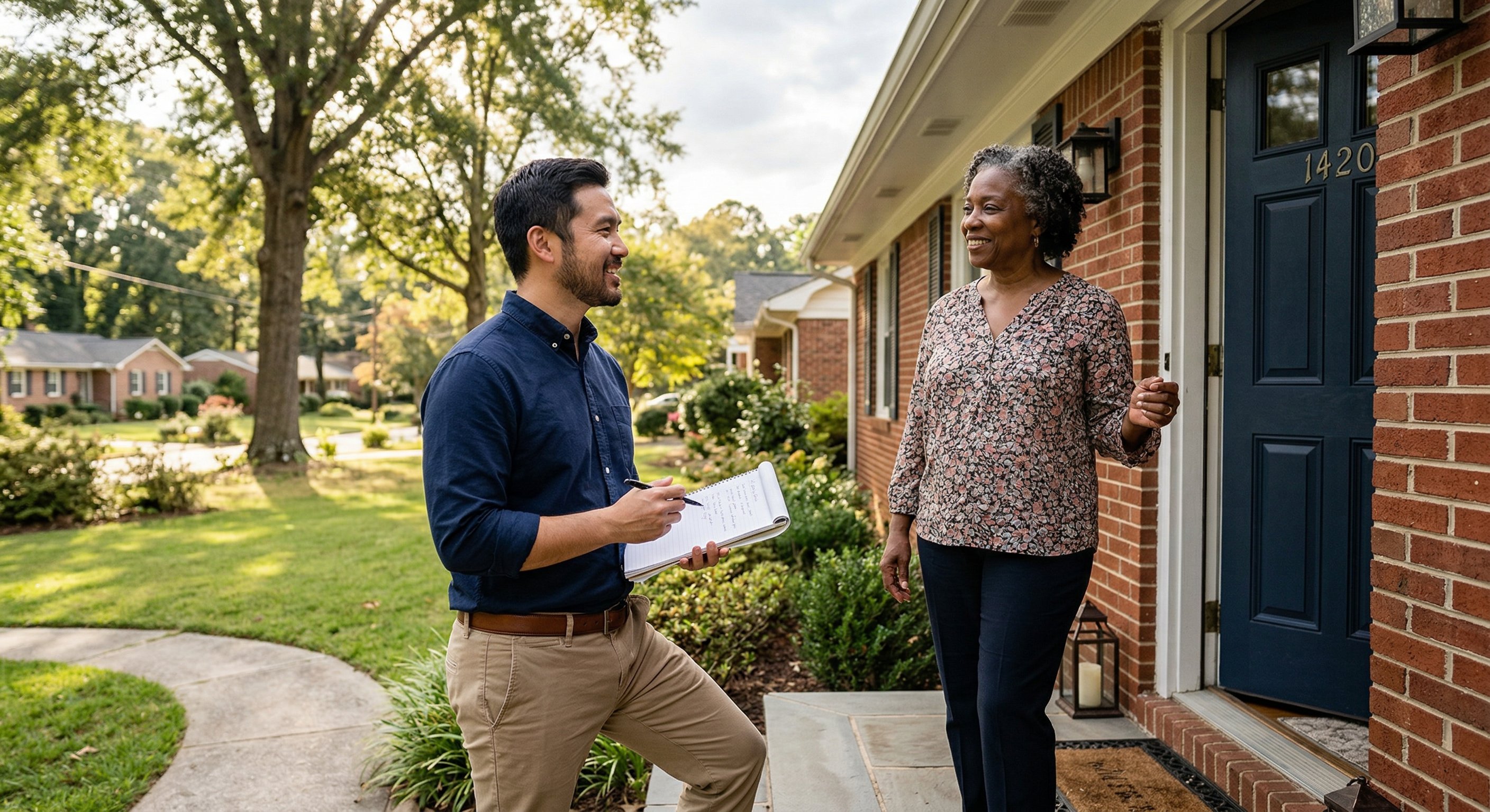 Real estate investor talking with a property heir at a residential front door in an Atlanta suburb — mid-30s investor in casual clothing holding a notepad, older home with mature landscaping, afternoon light, editorial documentary style
