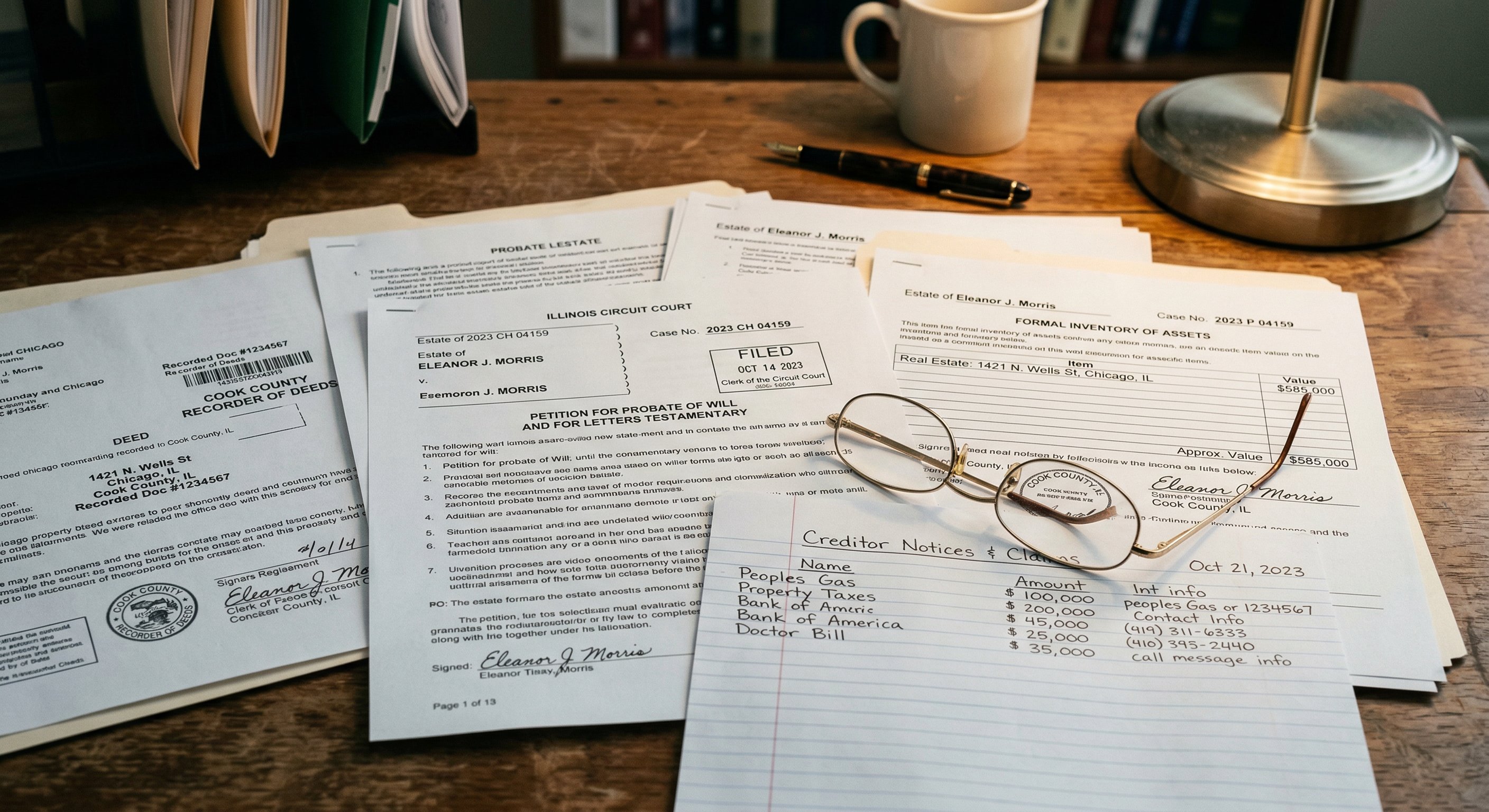 Probate estate documents spread across a desk — court filings, inventory of assets, creditor notice forms, and a deed to Illinois property