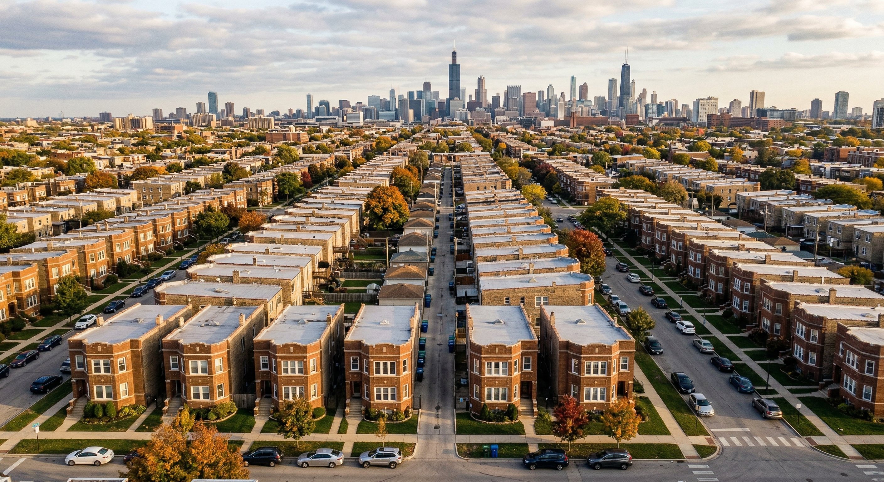 Aerial drone view looking south over Chicago's bungalow belt neighborhoods — dense residential blocks of inherited properties that are a primary source of probate leads in Cook County, Illinois