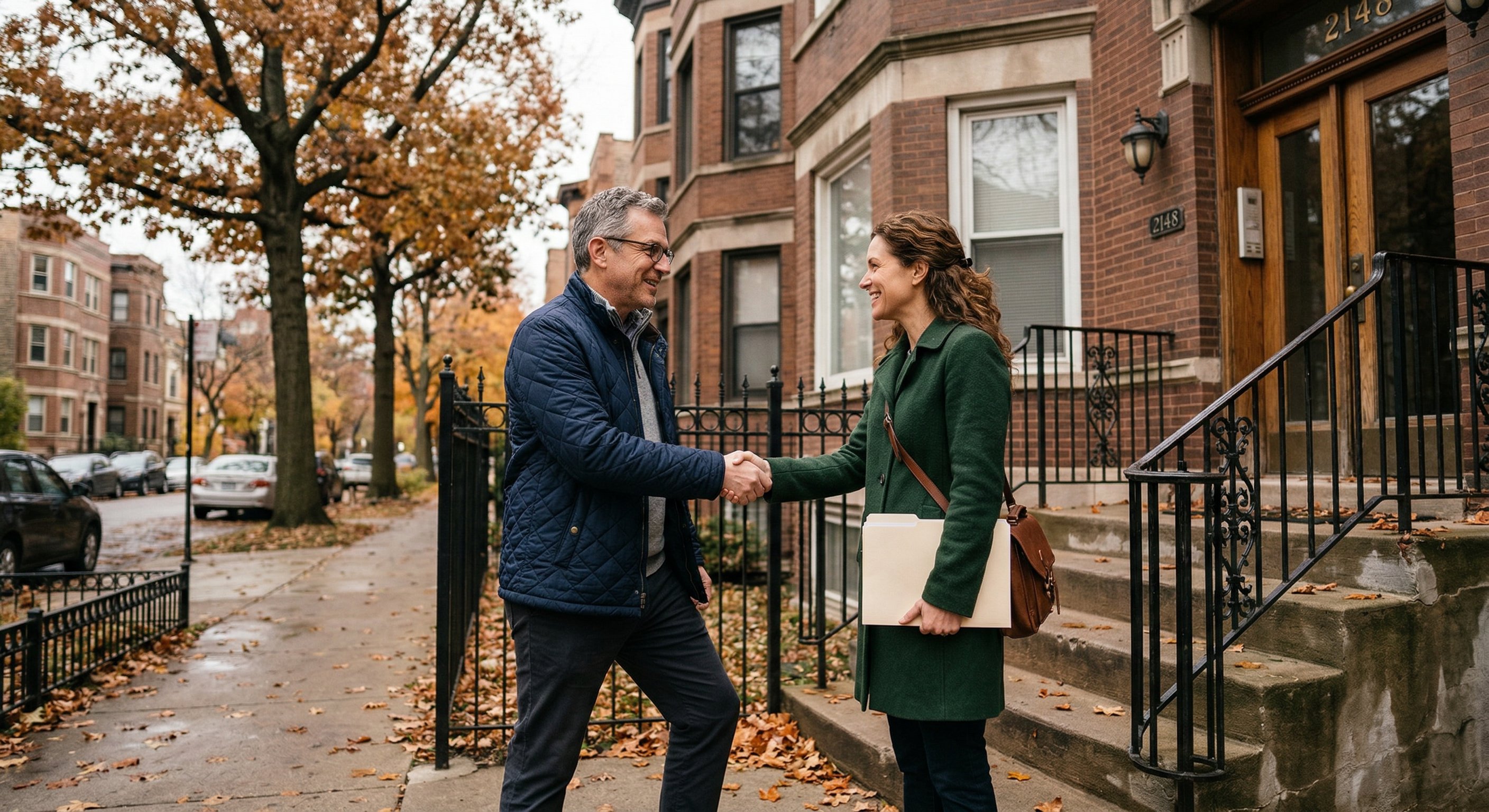 A real estate investor shaking hands with an estate executor outside a brick two-flat in a Chicago neighborhood — the conversation began with a probate lead found through county court records