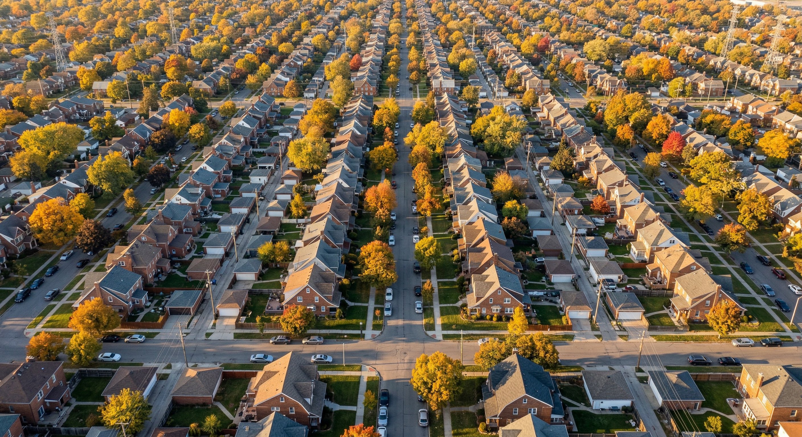 Aerial drone view looking down at a Detroit-area neighborhood of older craftsman and colonial homes, tree-lined streets with autumn color, mature canopies and classic Midwest housing patterns, late afternoon golden light, wide-angle drone shot, real estate aerial photography