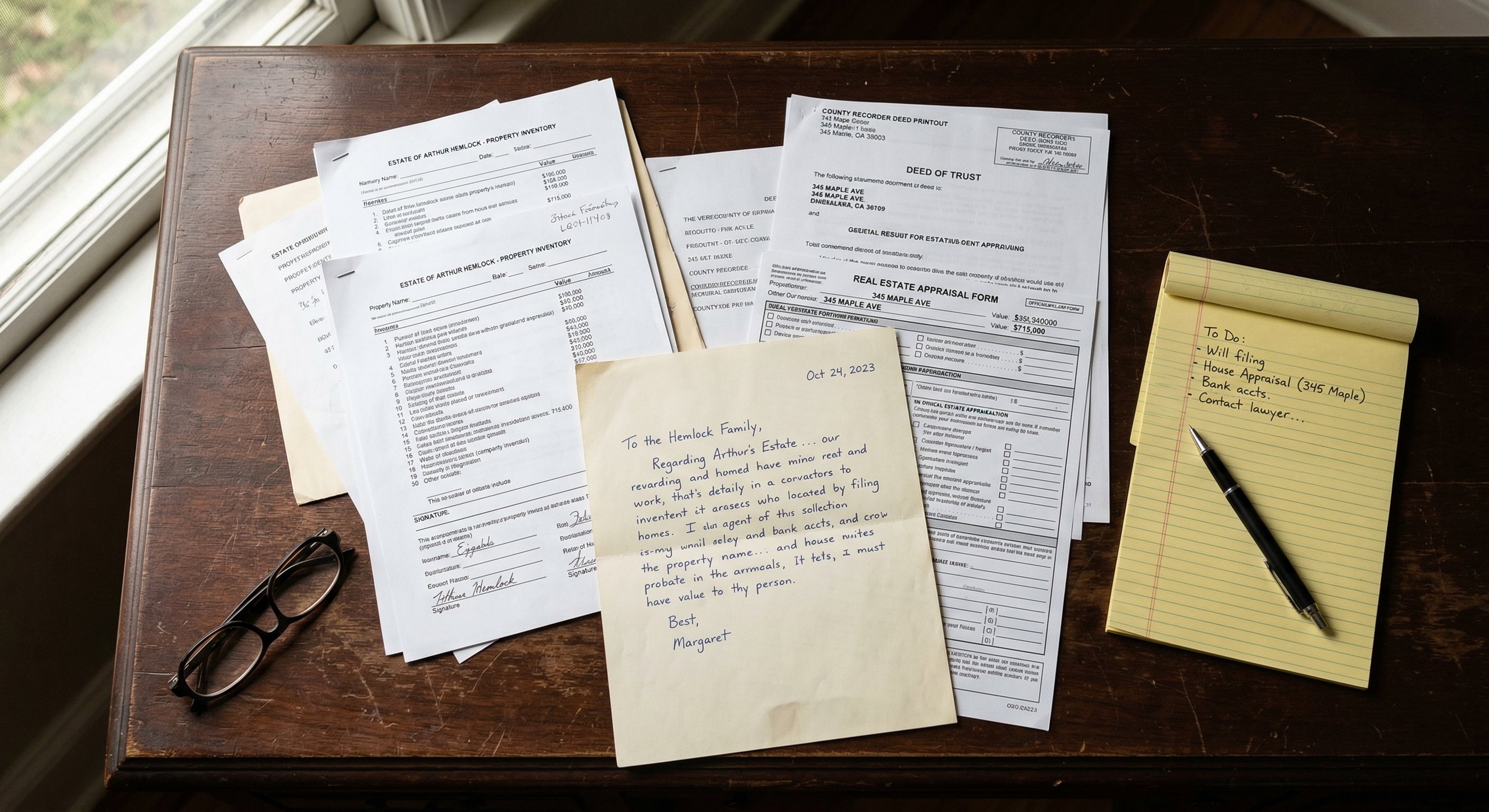 Probate court estate documents spread across a wooden desk — typed inventory sheets, property appraisal forms, county recorder printouts, a legal-size yellow notepad with handwritten notes, natural window light from the left, overhead shot at slight angle, documentary photography