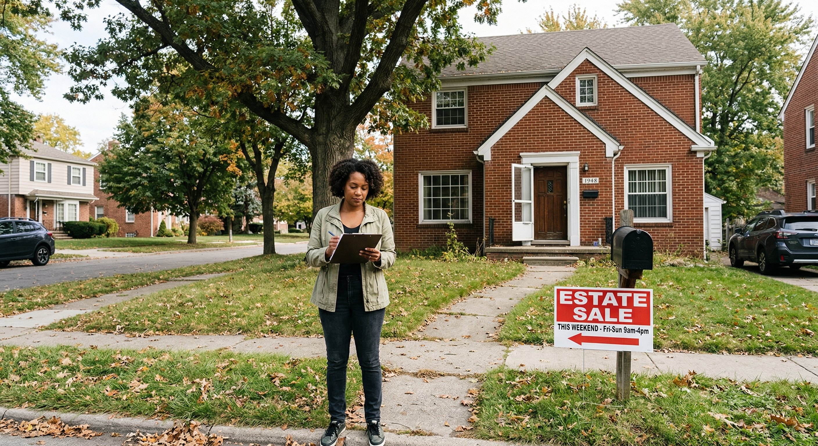 A real estate investor with warm medium-dark skin in a light jacket reviewing paperwork on a clipboard at the front walkway of a 1950s brick colonial home in a Detroit-area neighborhood, estate sale sign near the mailbox, natural midday light, editorial documentary photography