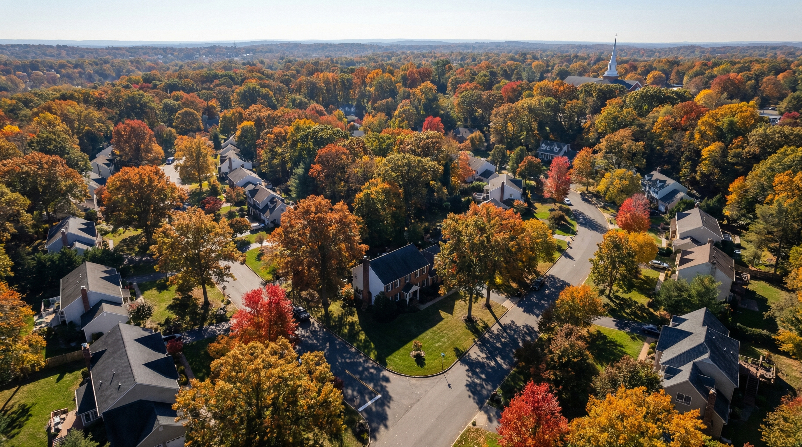 Aerial view of a New Jersey suburban neighborhood with colonial and craftsman homes surrounded by autumn trees, representing the New Jersey probate property market