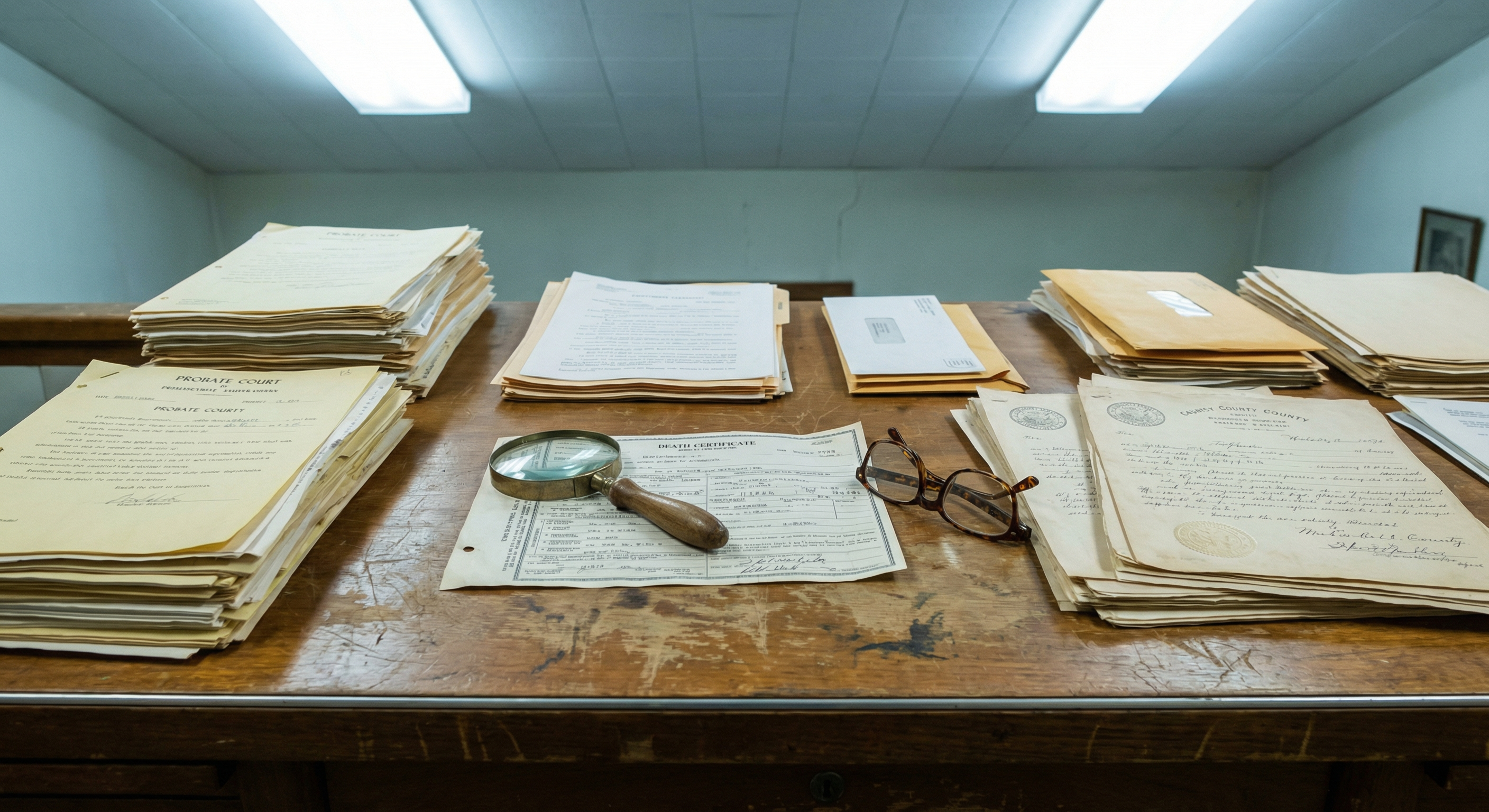 Probate court documents spread on a desk, including death certificate and official filings, representing the public records available for finding NJ probate leads