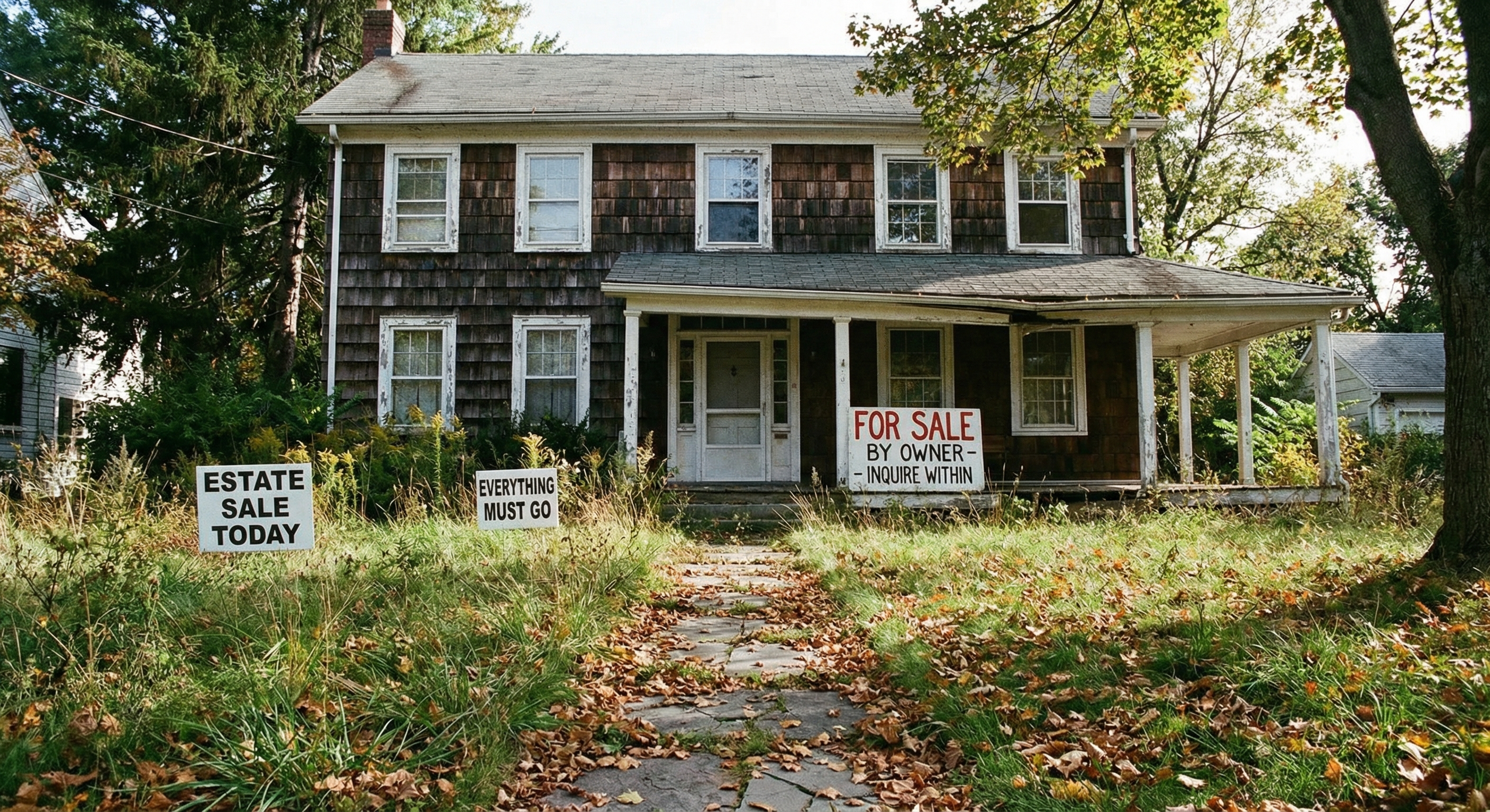 A two-story colonial home in a New Jersey suburb showing signs of estate sale preparation, including yard signs and an overgrown lawn, typical of probate properties