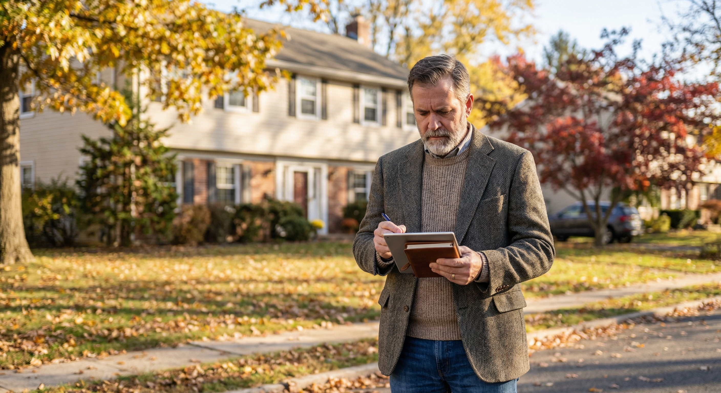 A real estate investor reviewing property details on a tablet outside a New Jersey home, a common workflow for investors sourcing probate deals in the state