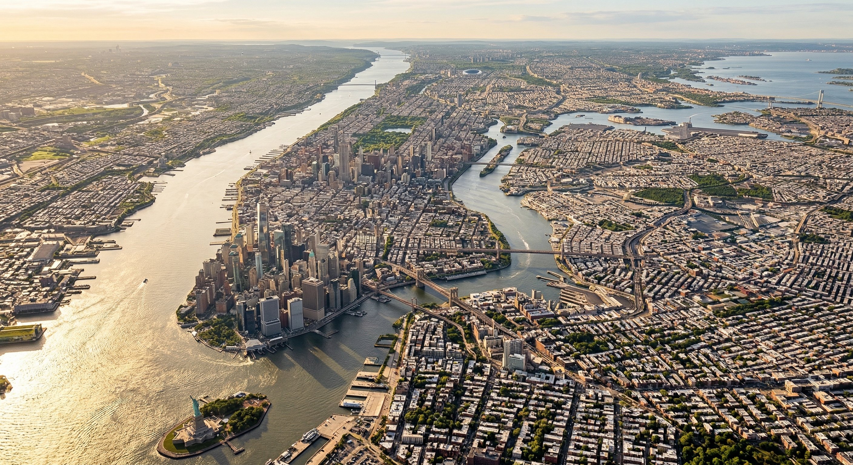 Aerial view of New York City boroughs with county overlays showing probate court locations across the five boroughs and Long Island